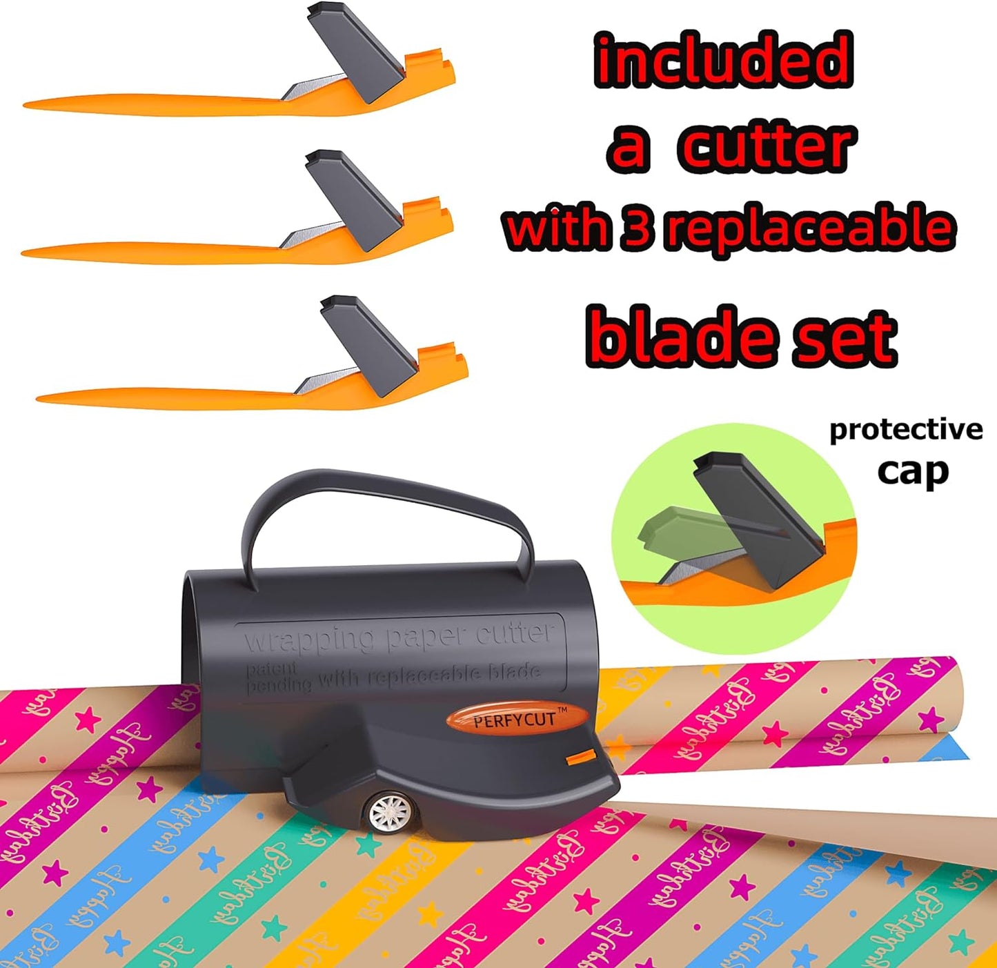 Wrapping Paper Cutter with 3 Replaceable Blade Sets for Birthday Paper Gift Wrapping Paper Roll Cutter and Christmas Wrapping Paper Cutter Tool Tube Holder Slidding Slicing.