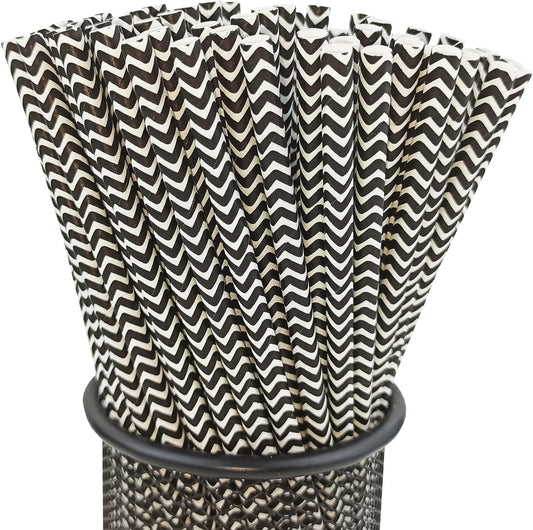 YAOSHENG Premium Disposable Waves Striped Drinking Paper Straws, Pack 100 Black Waves Paper Straws for Cocktail Party Supplies,Birthday,Bridal/Baby Shower,Juice,Shakes (Black Waves)