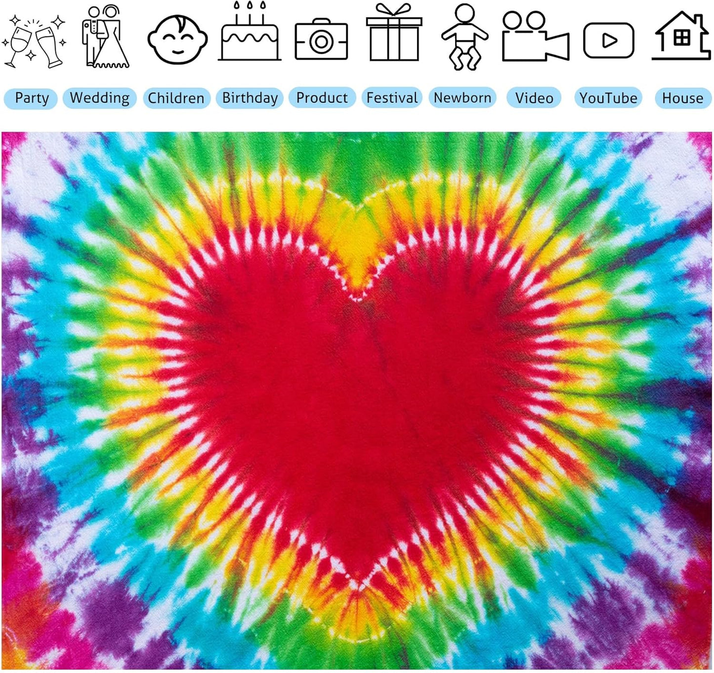 Hippie Backdrop 12x8ft 60s 70s Backgrounds Tie Dye Theme Party Decorations Hippie Supplies Photo Booth Props