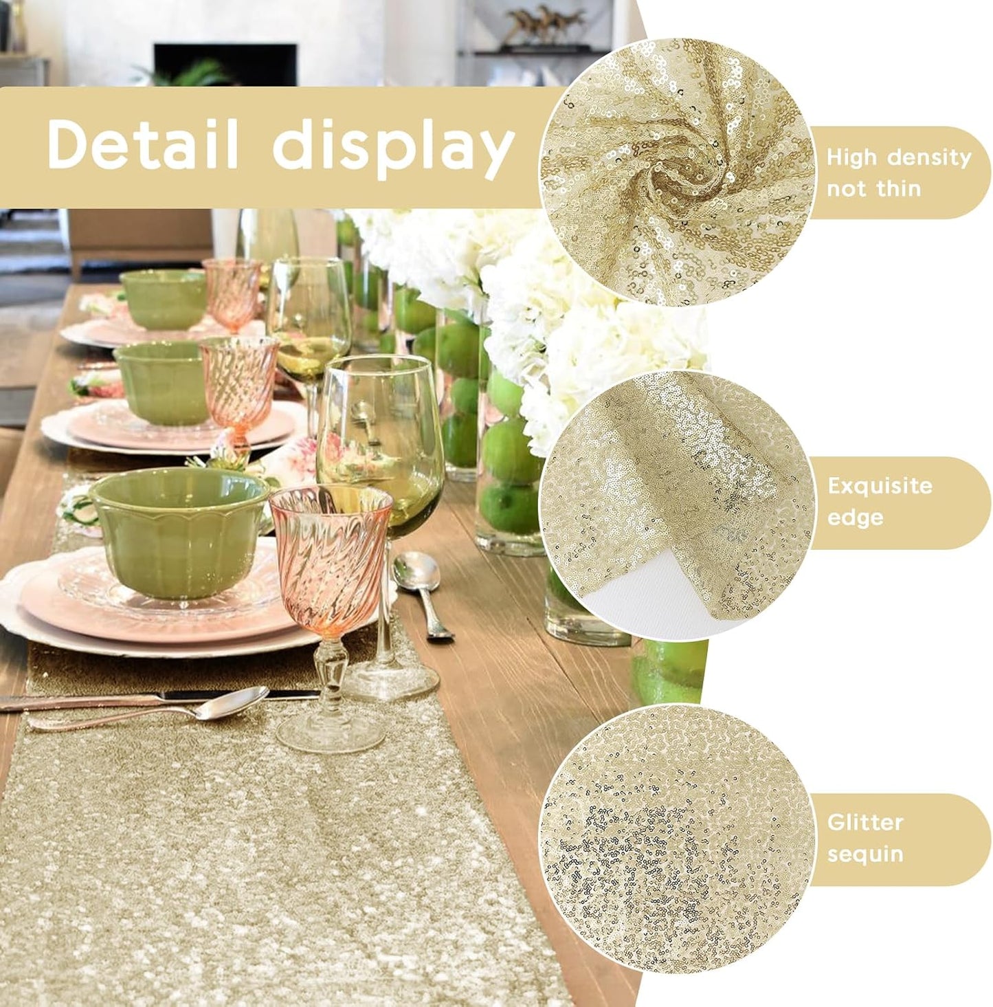 6 Packs 12 x 72 inches Sequin Table Runner, Champagne Glitter Table Runner for Birthday Party Supplies Wedding Engagement Baby Shower Holiday Celebration Event Decorations