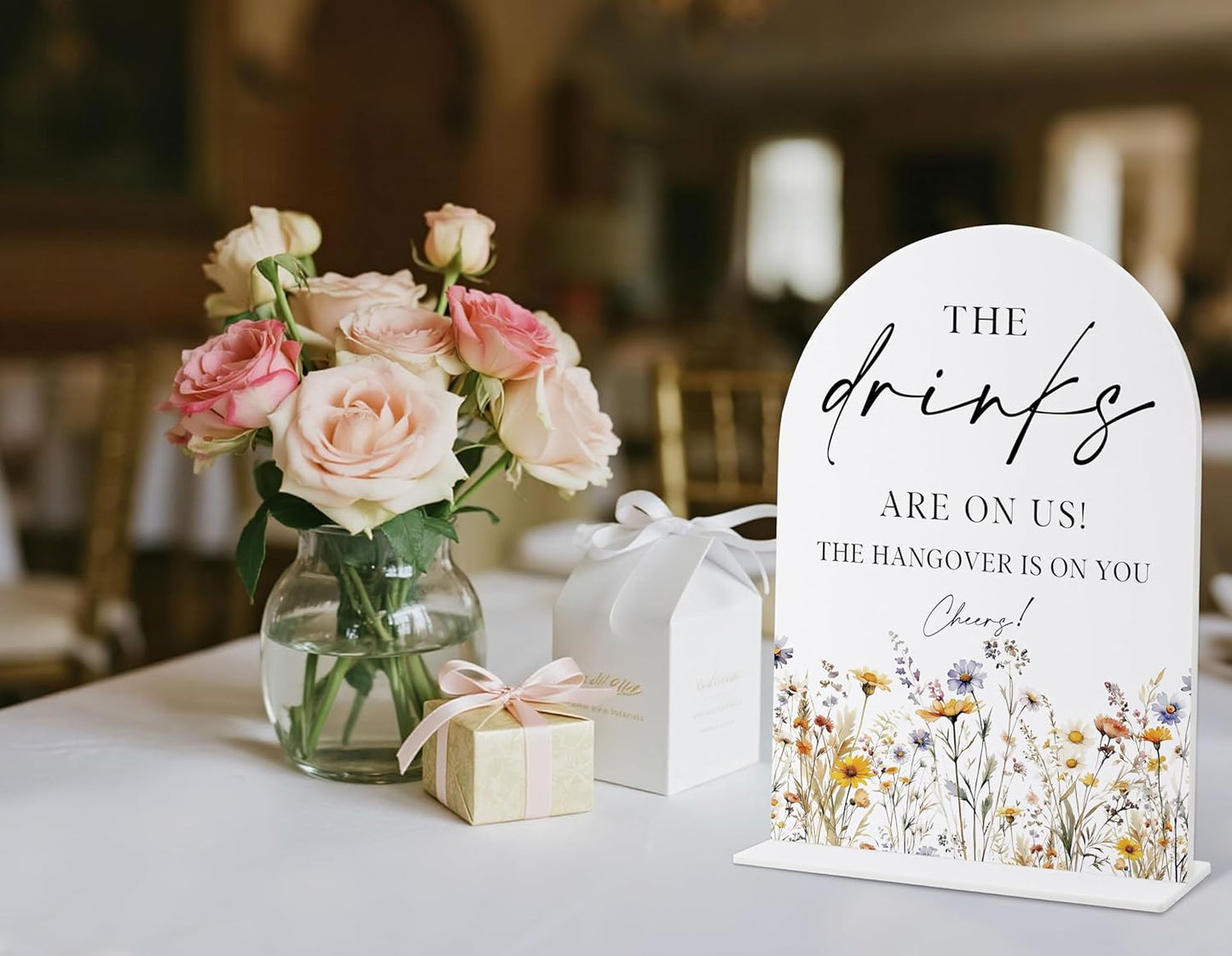 Wedding Signs for Ceremony and Reception, Boho Floral Acrylic Drinks are on Us Hangover is on You Sign, Wedding Signage with Stand, Bridal Shower Table Centerpieces, Supplies for Engagement Party, 35