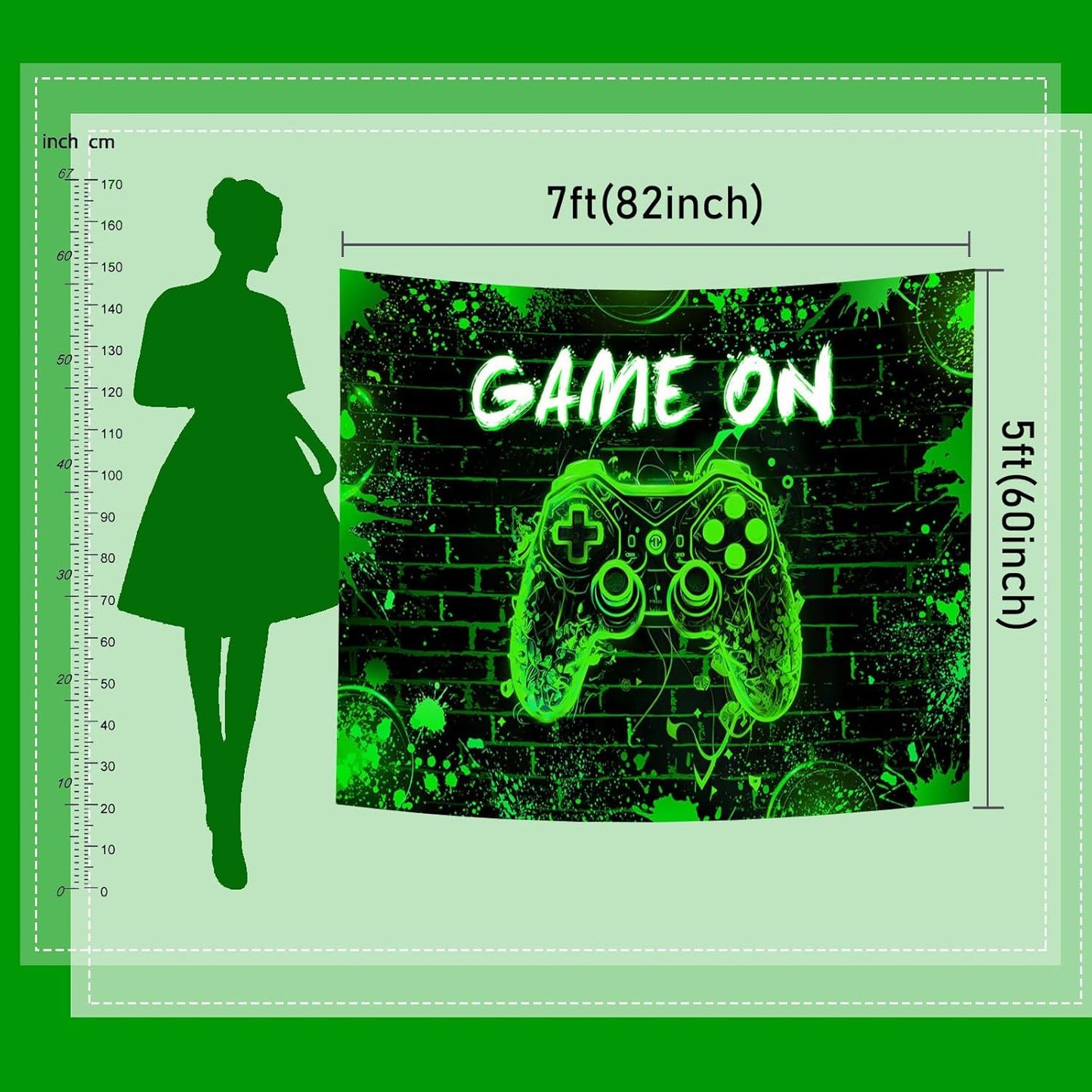 Mocsicka Game On Backdrop Video Game for Boys Level Up Birthday Party Decoration Game Night Arcade Neon Glow Gamer Banner Photography Background (Green, 6x4ft(72"x48"))