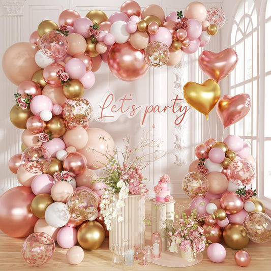 Rose Gold Balloon Garland Arch Kit, 140Pcs Nude Pastel Pink Metallic Gold White Balloons Gold and Rose Gold Confetti Balloons with Heart Foil Balloon for Wedding Bridal Birthday Party Decorations