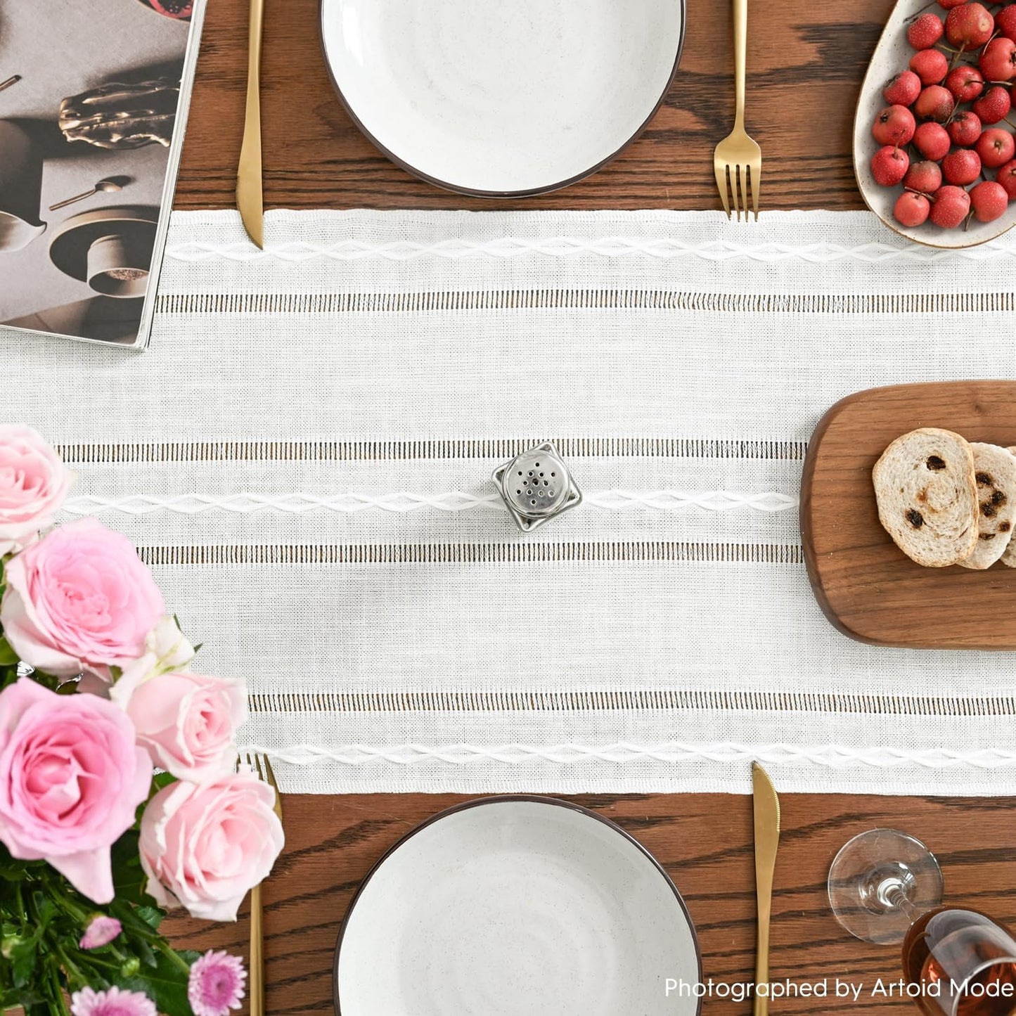 Artoid Mode Rustic Cotton Linen Table Runner, Seasonal Embroidered Hollow Kitchen Dining Table Decoration for Home Party Decor 13x60 Inch