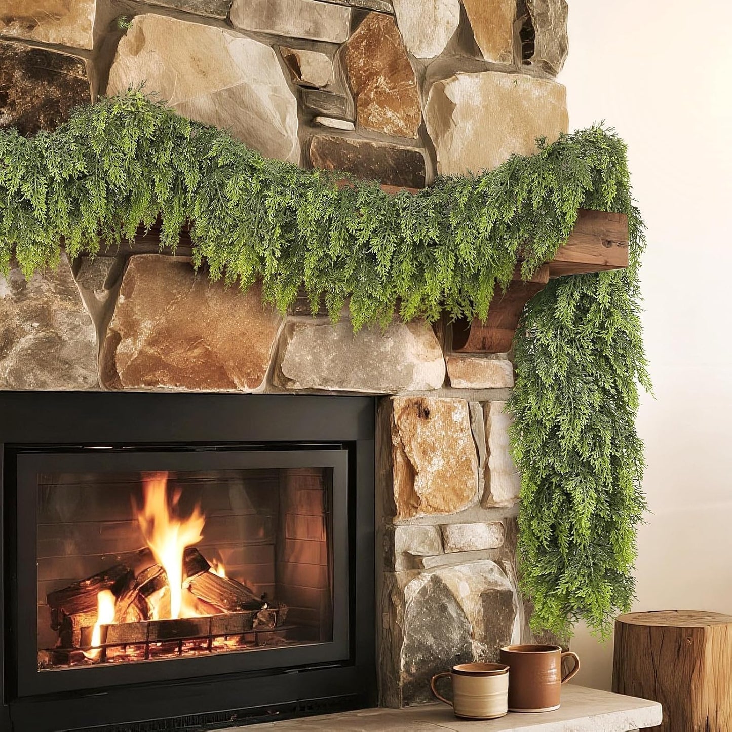 Real Touch Cedar Garland - Artificial Christmas Garlands Faux Green Cedar Fake Pine Needles Garland for Fireplace,Table, Stairs, Mantle, Window,Indoor Outdoor,Home,Holiday Decor(2 PCS,9 FT)