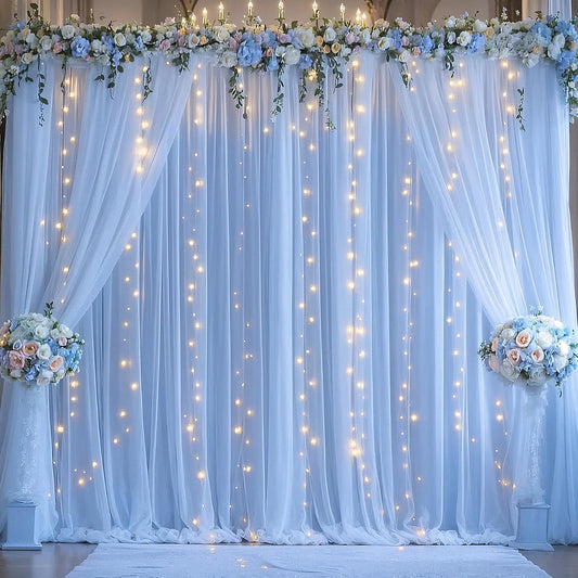 Blue Tulle Backdrop Curtains with Lights String for Parites Baby Shower 20×8ft Blue Sheer Backdrop Curtains Drapes for Bridal Shower Birthday Party Photo Shoot Background Decorations(4 Panels 5×8ft)