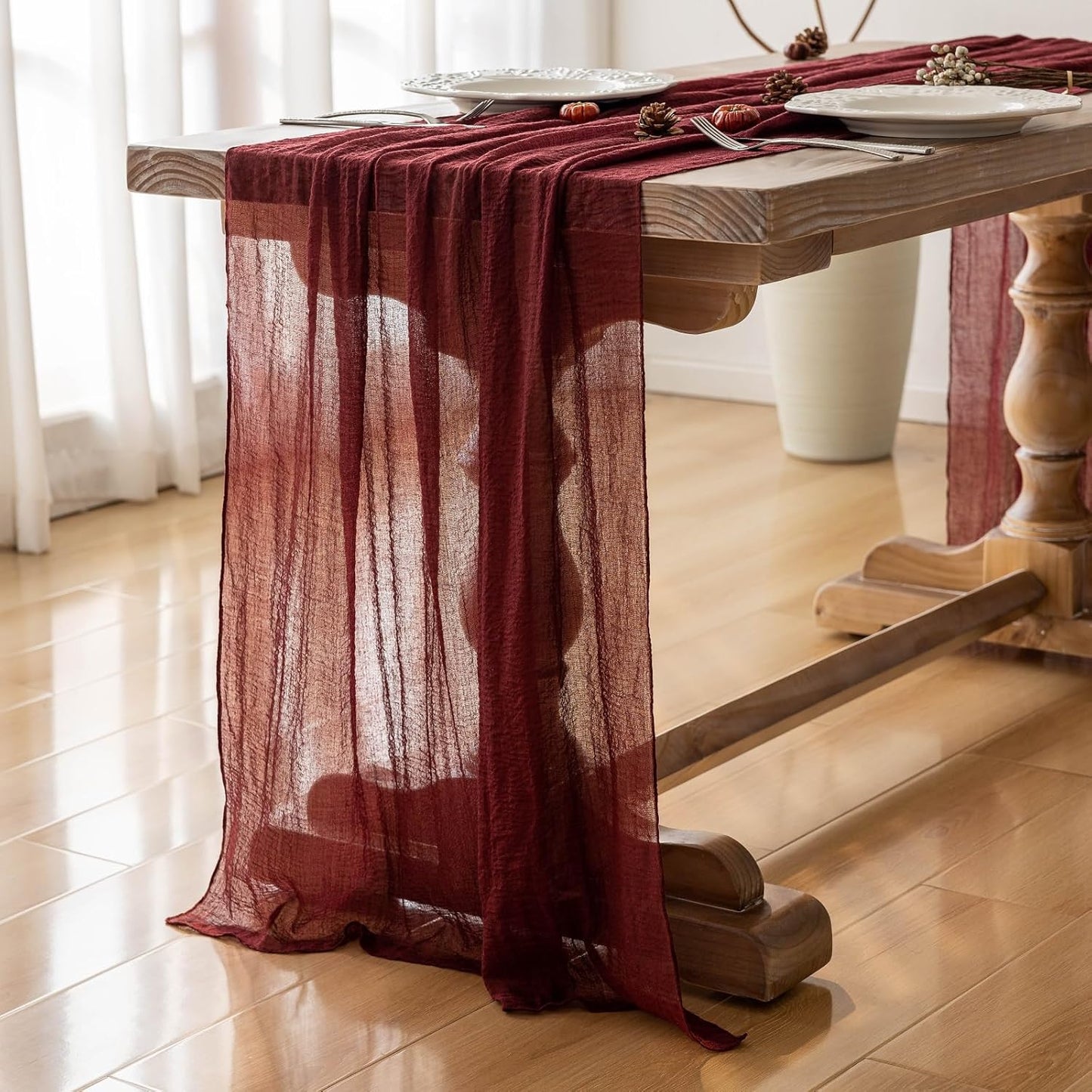 Burgundy Christmas Table Runner Decor Red Cheesecloth Gauze 120 Inch 10 FT Rustic Boho Cheese Cloth Runner for Wedding Baby Bridal Shower Party Long Sheer Home Christmas Decorations