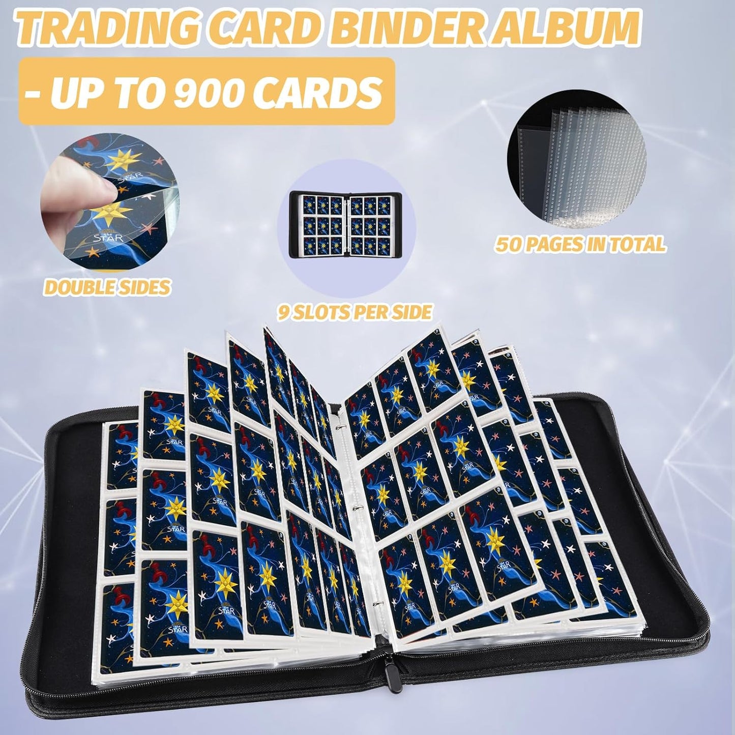 Trading Card Binder, 900 Pockets Card Binder, 9-Poccket Sided Pocket Sports Card Binder, Premium Card Binders Compatible with MTG, TCG, Baseball Cards(Carbon Black)
