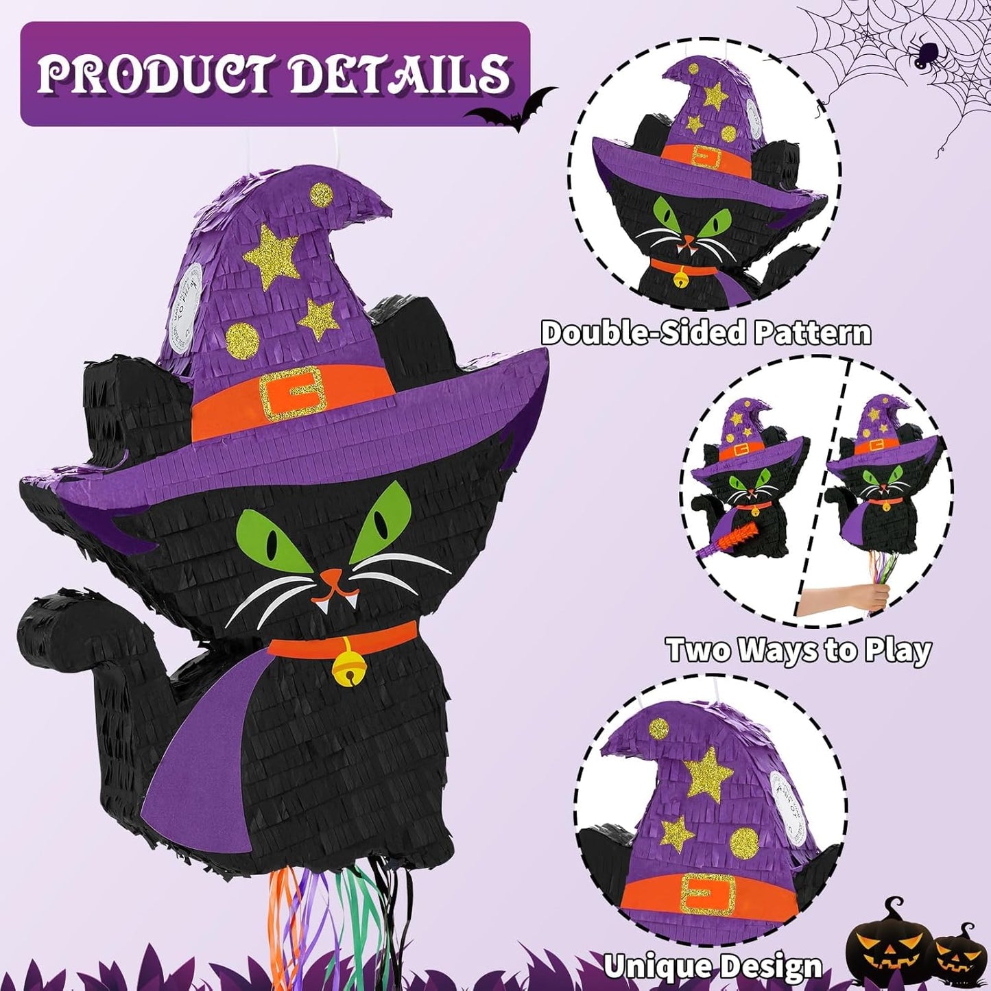 WERNNSAI Halloween Cat Pinata - Halloween Party Decorations Black Cat Pinata Witch Hat for Kids Hallows Eve Birthday Theme Party Games Supplieswith Stick & Blindfold
