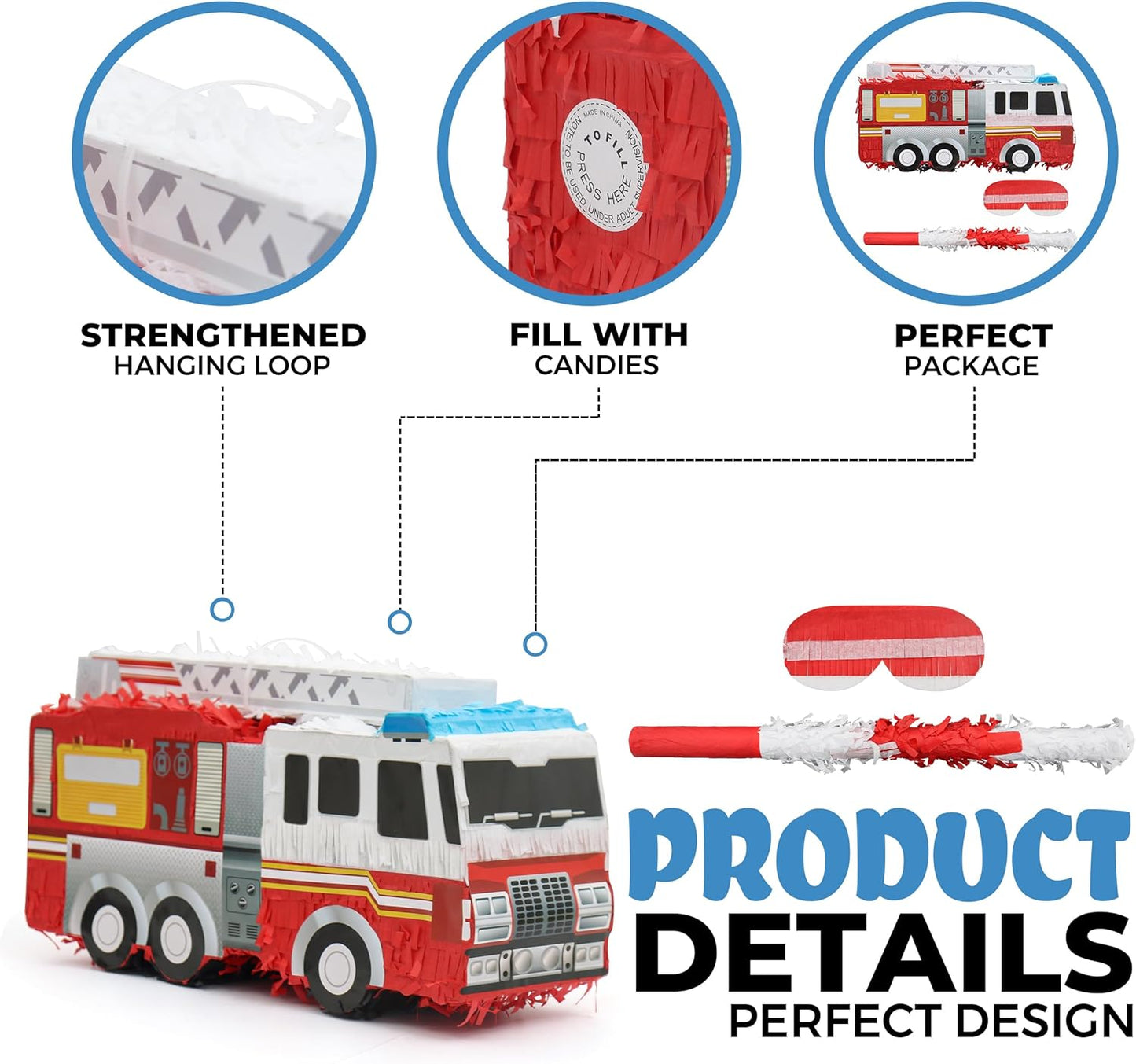 Small Fire Truck Pinatas Bundle with a Blindfold and Bat(16.1x8x5.1 Inches), Perfect for Firetruck Birthday Decorations, Boys Birthday Party Supplies