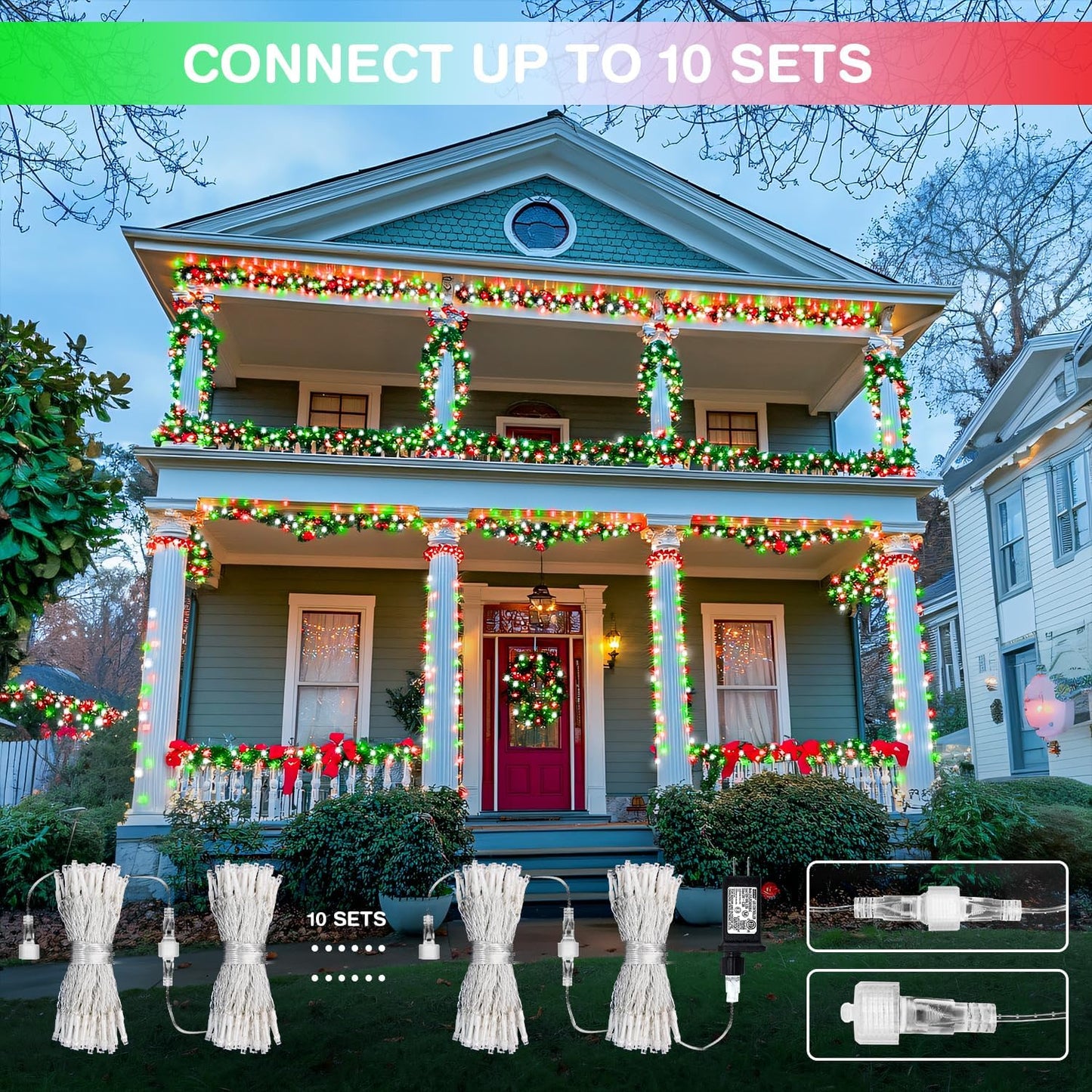 JMEXSUSS 500 LED Red White and Green Christmas Lights, 8 Modes 163ft String Light Plug in with Remote Control, Clear Wire Christmas String Lights Outdoor Waterproof for Outside Tree Yard Wedding