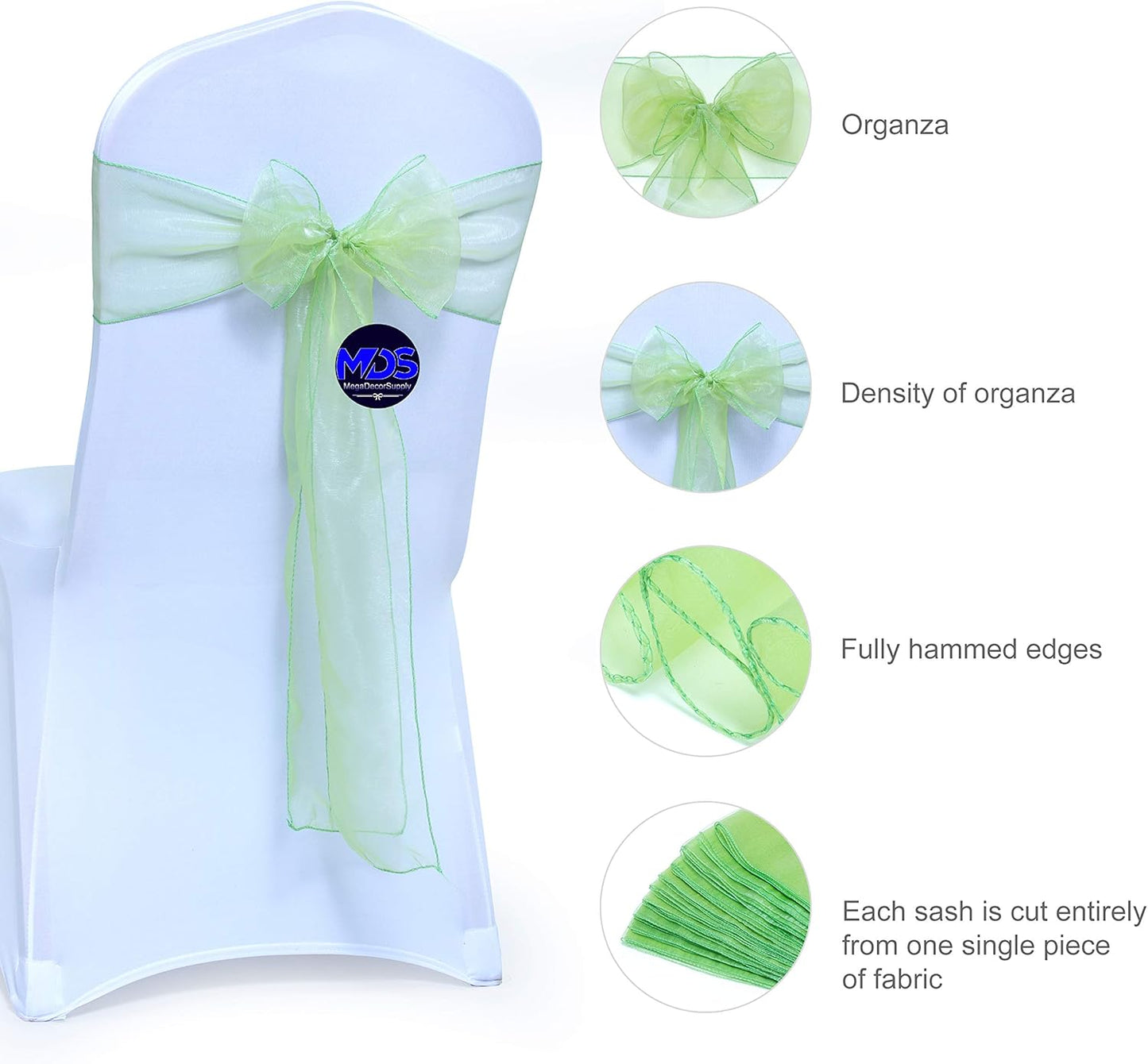 MDS Pack of 10 PCS Organza Chair Sashes Wider Dining Chair Bows Ribbon Tie Back for Wedding Party Birthday Bridal Shower Reception Event Banquet Home Chair Cover Decoration - Apple Green