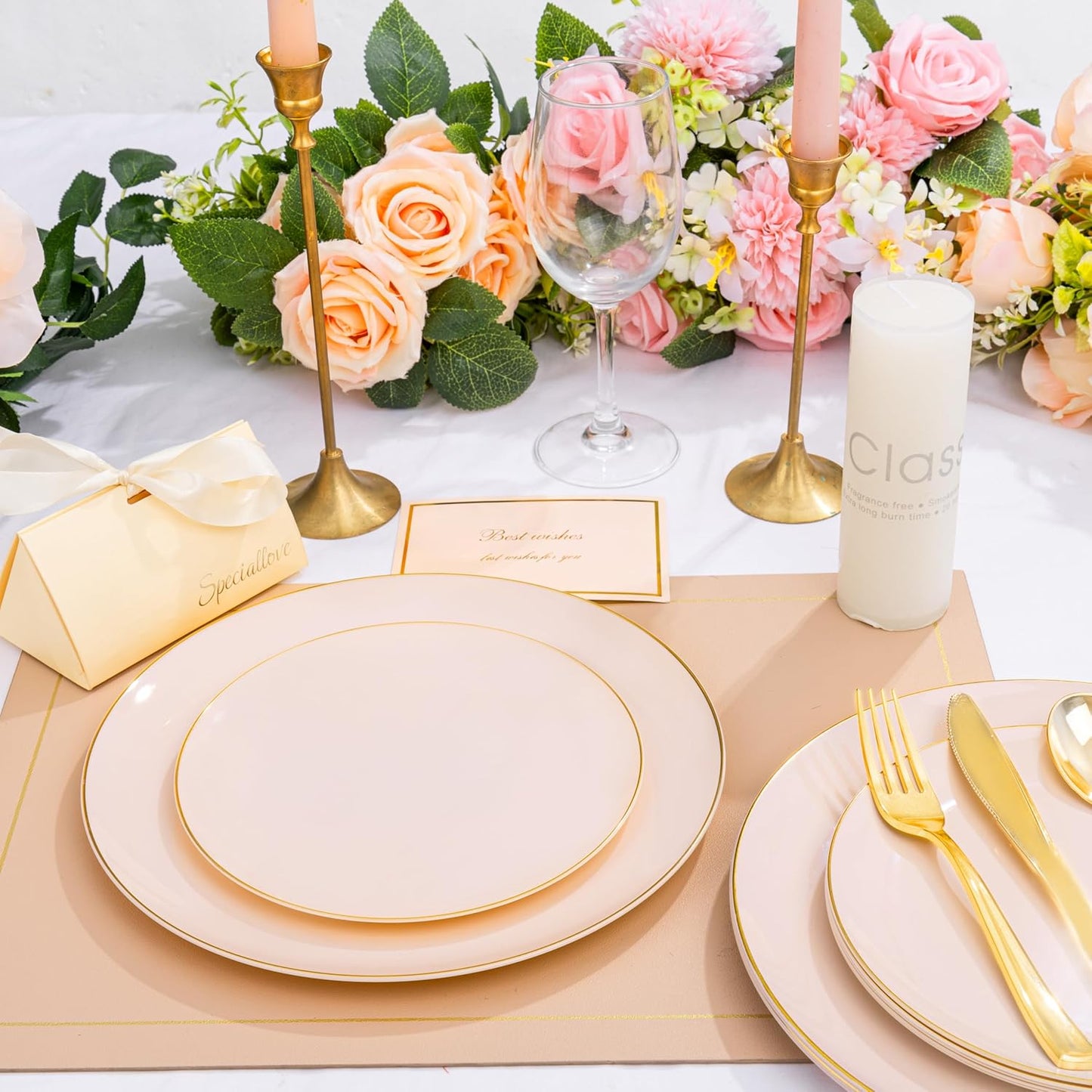 KIRE 175PCS Pink Plates Disposable - Heavy Duty Pink and Gold Plastic Plates Dinnerware Sets - 25 for Dinner 25 for Dessert 25 Pre Rolled Napkins 25Cups for Birthday Party/Wedding