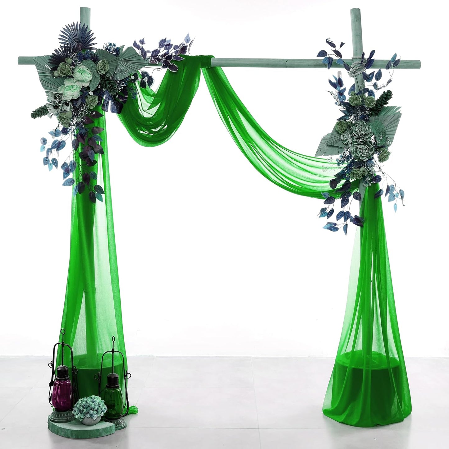 VDS Pack of 2 Panel (30 Inch X 50 Feet) Wedding Arch Draping Fabric Sheer Chiffon Fabric Drapery for Wedding Ceremony Reception Swag Backdrop Canopy Chuppah ARBO Altars Decoration (Green)
