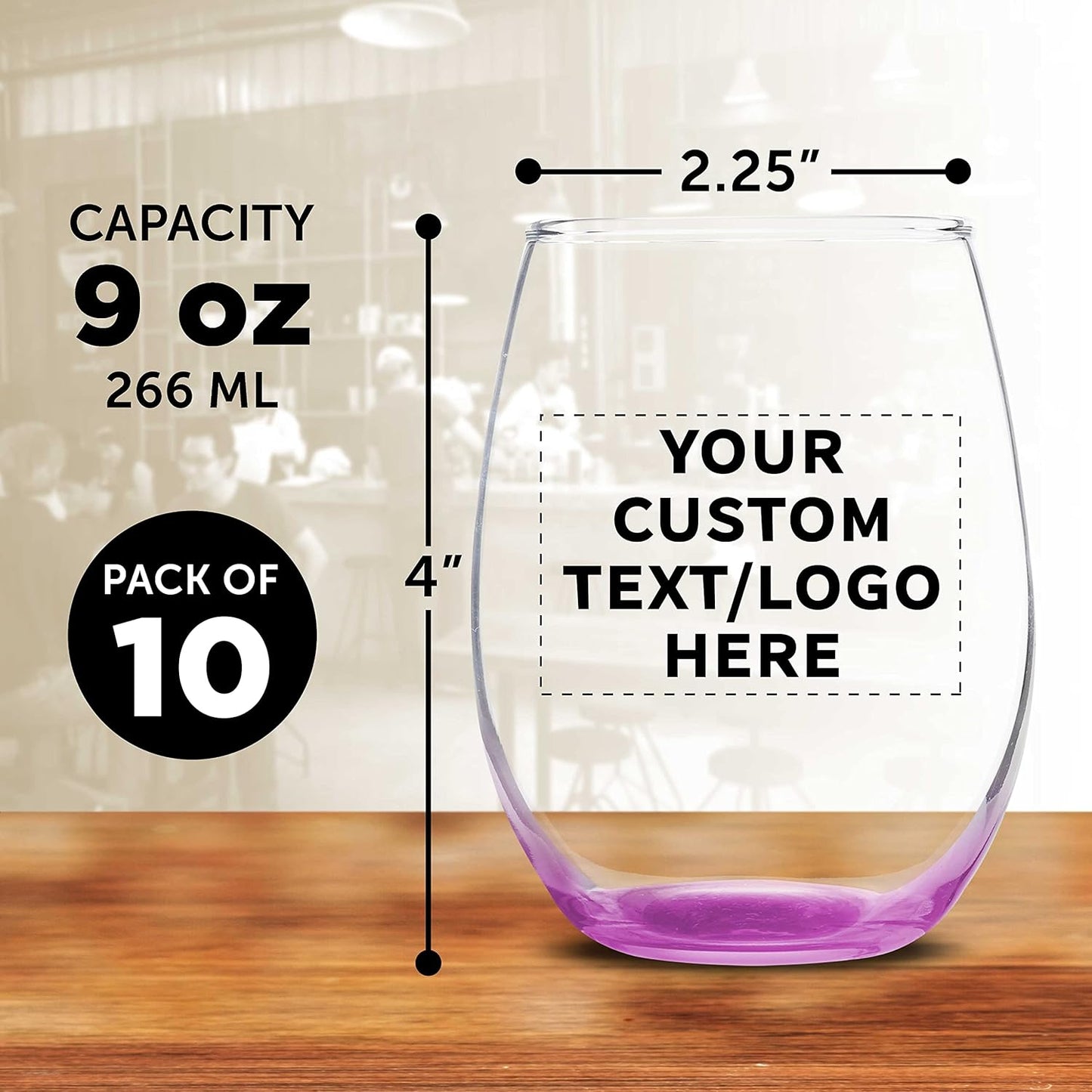 Custom Stemless Wine Glass 9 oz. Set of 10, Personalized Bulk Pack - Great for Wedding Favors, Bachelorette Party Decorations, Party Favors, Color Bottom - Pink