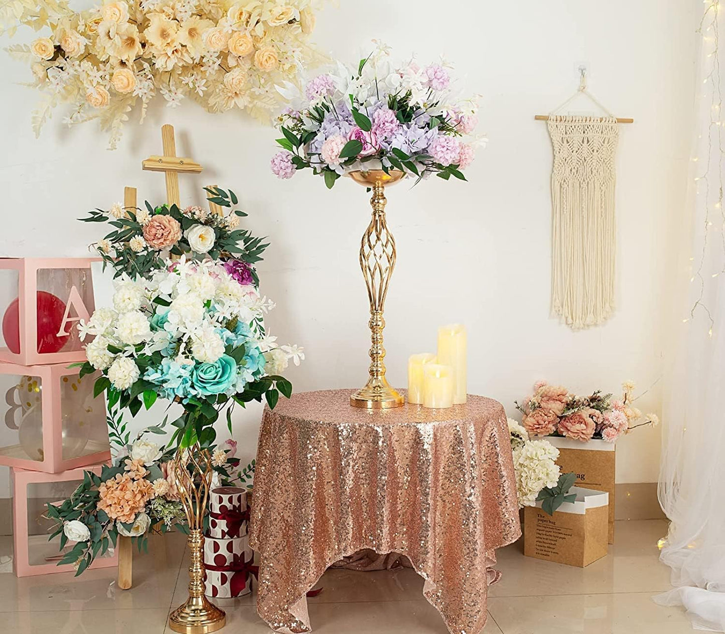 LANLONG 2pcs Metal Gold Candle Holders Road Lead Table Centerpiece Stand Pillar Candlestick for Wedding Candelabra Flowers Vases