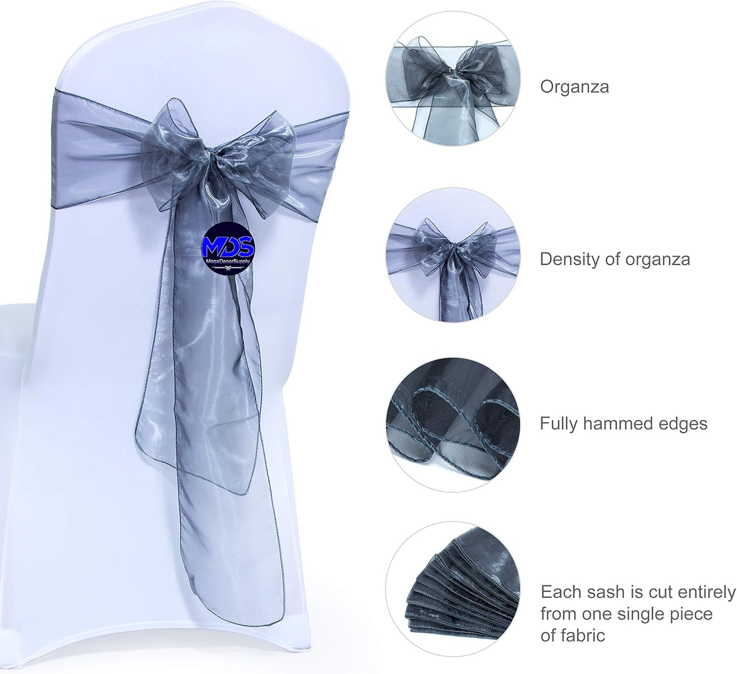 MDS Pack of 50 PCS Organza Chair Sashes Wider Dining Chair Bows Ribbon Tie Back for Wedding Party Birthday Bridal Shower Reception Event Banquet Home Chair Cover Decoration - Silver Gray