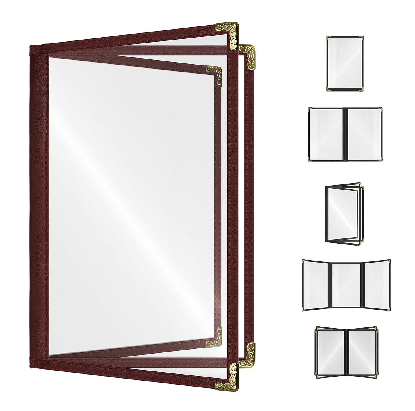 Goodsmart Restaurant Menu Covers - Burgundy, 25 Pack, 8.5" x 11", 3-Page/6-View, Side-Loading Vinyl Menu Holders, Clear Sleeves, Double-Stitched Edge, Leather-Style Café Covers with Gold Corners