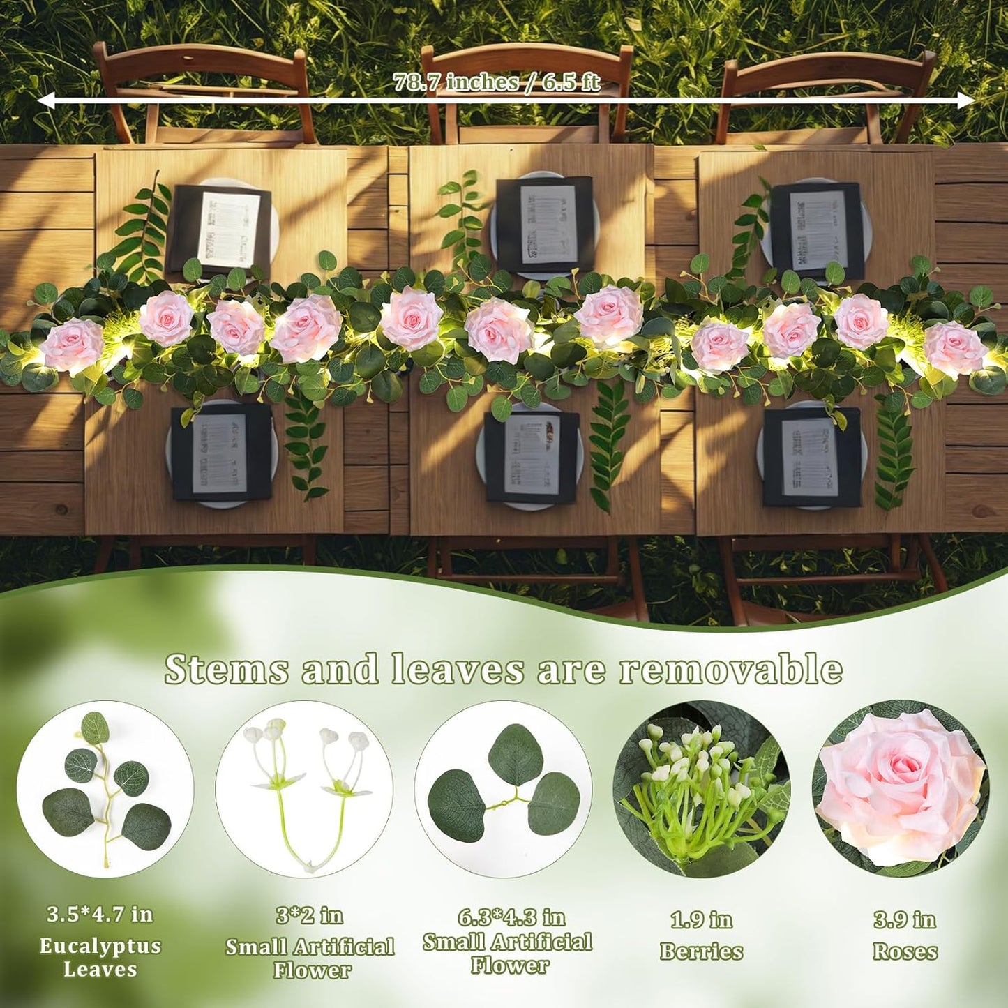 MACTING 2 Pack 13.2FT Eucalyptus Garland with Lights - Spring Gypsophila Flower Garlands with 24 Pink Roses Artificial Floral Greenery Vines for Arch Table Centerpieces Backdrop Party Wedding Decor
