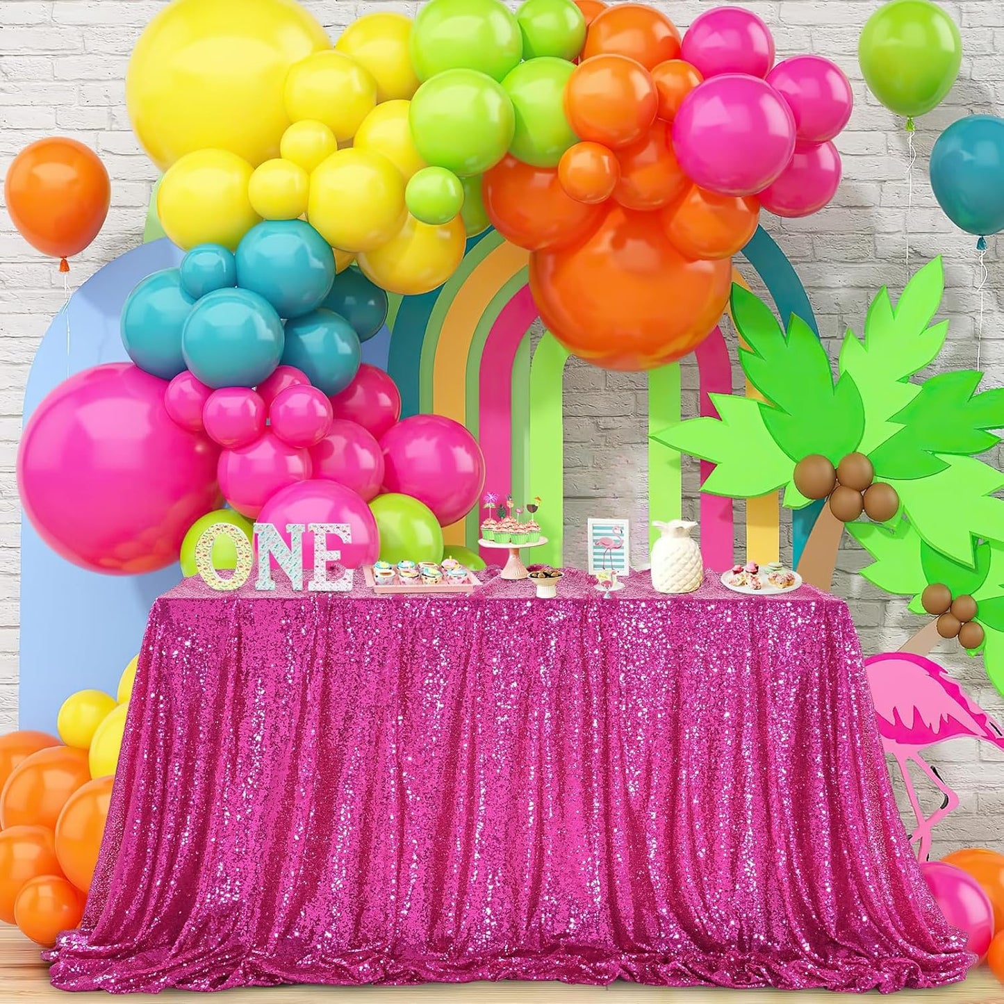 QueenDream Rectangular Sequin Tablecloth 90 x 132 inch Sparkly Patio Table Cloth for Spring Party Wedding Baby Shower Table Decoration Fuchsia