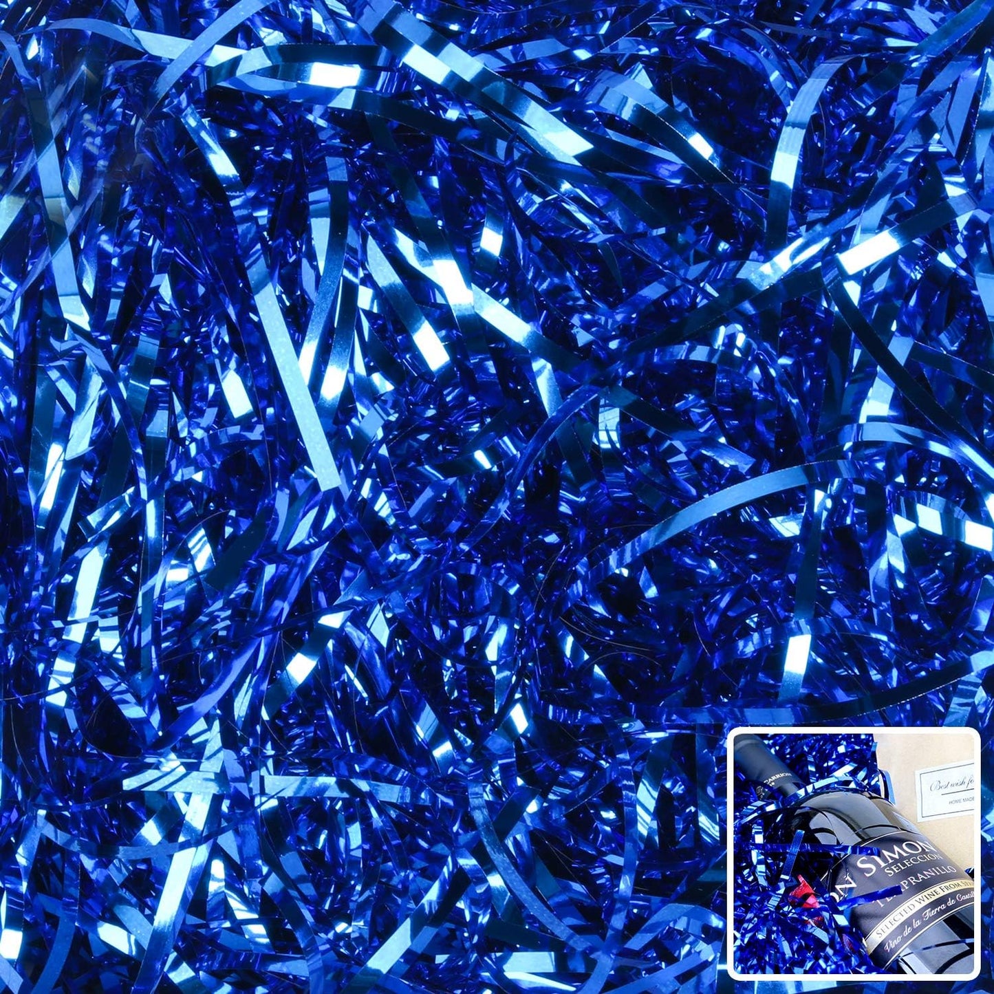 Zwish 150 Gram Sparkly Iridescent Film PP Hamper Shreds & Strands Shredded Crinkle Confetti for Gift Wrapping & Basket Filling & Gift Box filler Crinkle Cut Paper Shred Filler-Blue