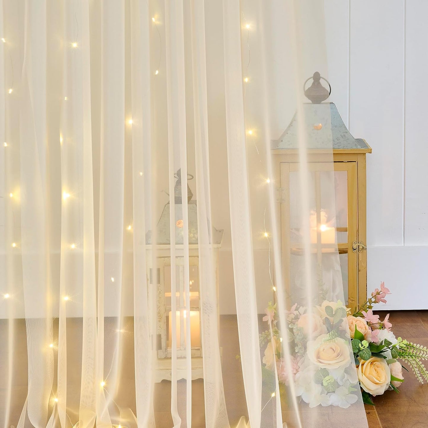 Champagne Tulle Backdrop Curtain with Lights String for Parites Wedding 10x8ft Champagne Sheer Backdrop Curtains for Bridal Shower Baby Shower Birthday Party Photo Booth Background Decorations