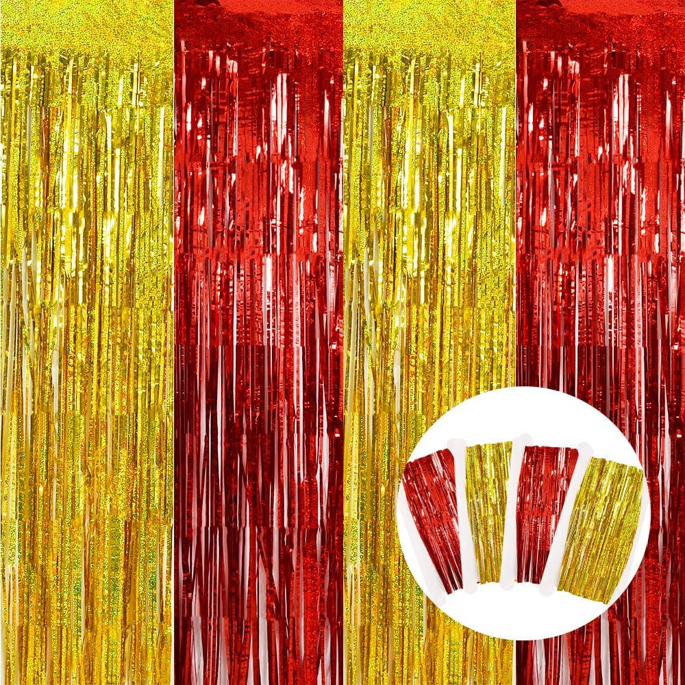 BEISHIDA 4 Pcs Red and Gold Party Streamers Fringe Foil Curtain Backdrop Tinsel Background Party Decoration for Door Wall Graduation Birthday Wedding Anniversary Christmas Party Decoration