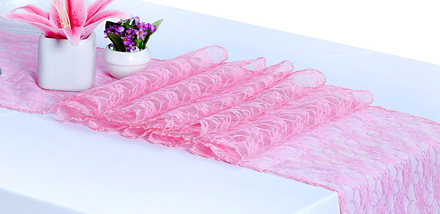 MDS Pack of 10 Wedding 12 x 108 inches Lace Table Runner for Wedding, Decorations for Birthday Parties, Banquets, Graduations, Engagements, and Runners fit Rectangle, Round Table- Pink