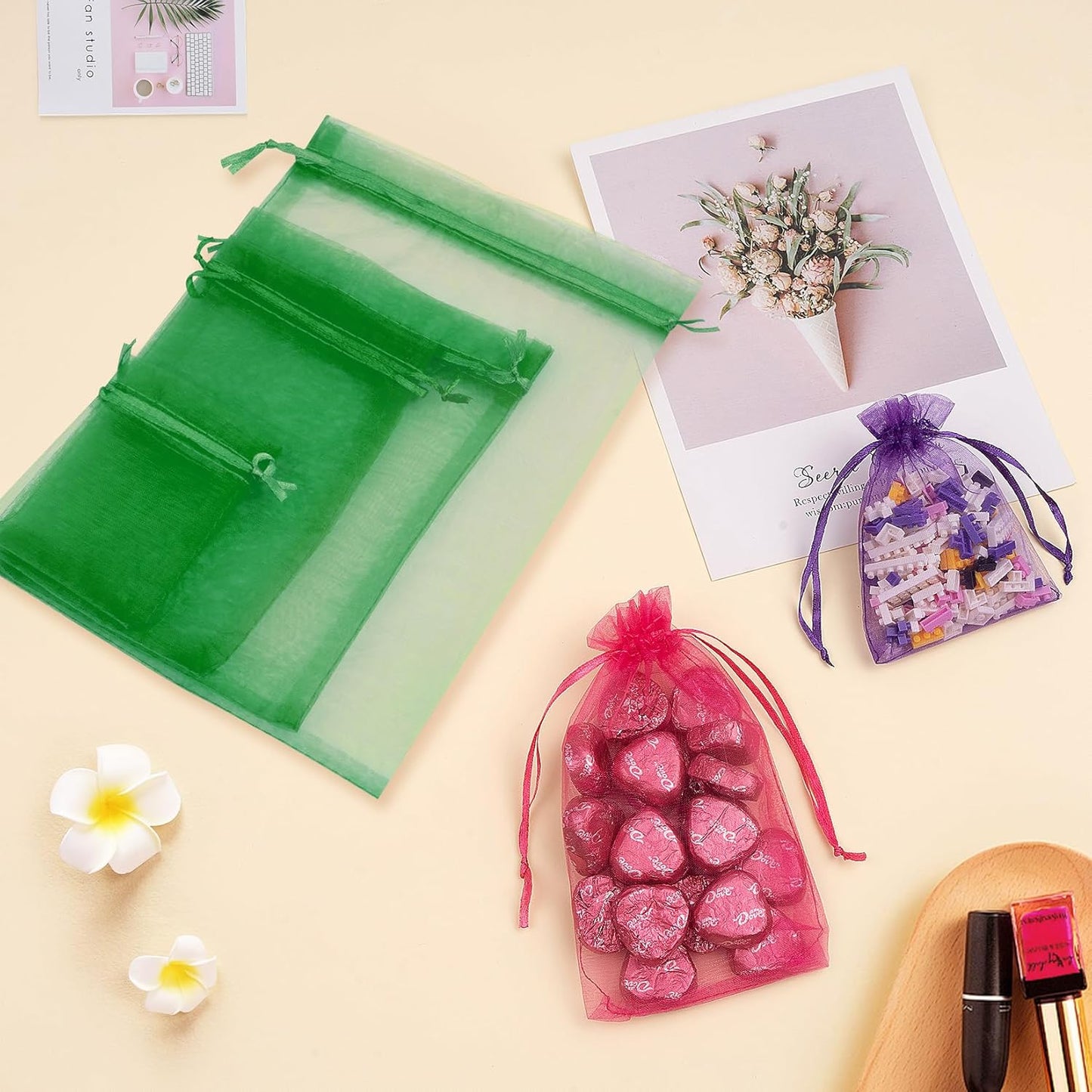50 Pcs 4x6 Inch Green Mesh Bags, Organza Bags with Drawstring Small Mesh Pouch for Christmas Gift Party Favor Wedding