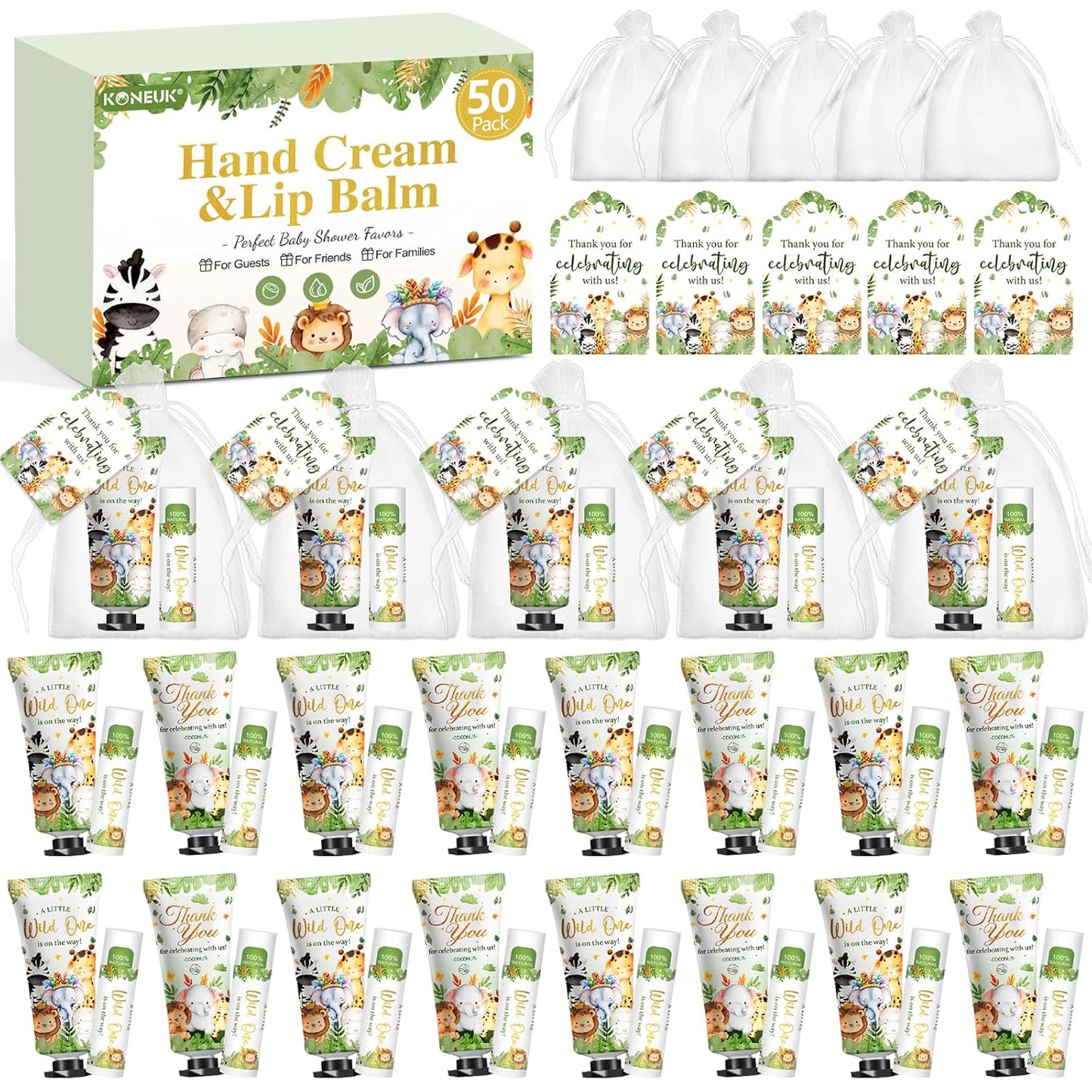 50 Pack Bulk Hand Cream and Bulk Lip Balm Gifts Sets, Baby Shower Favors and Bridal Shower Favors for Guests with Thank You Card and Organza Gift Bags, Birthday Gifts, Appreciation Gifts (Animal)