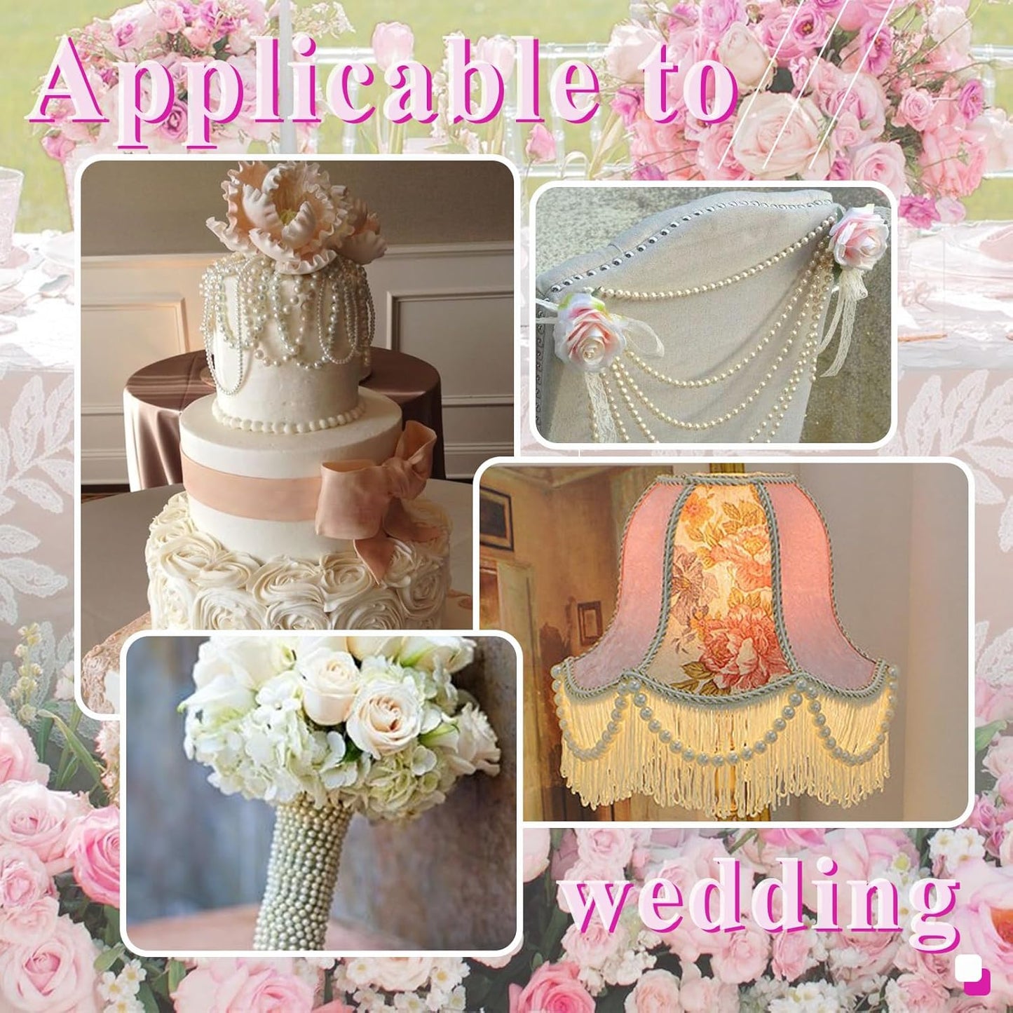 59 Feet 8mm Pearl Strings Garland for Crafts, Artificial Pearl Beaded Trim Chain Roll Strands for Wedding Centerpieces Bouquet Party Decoration Christmas Tree Garland, White