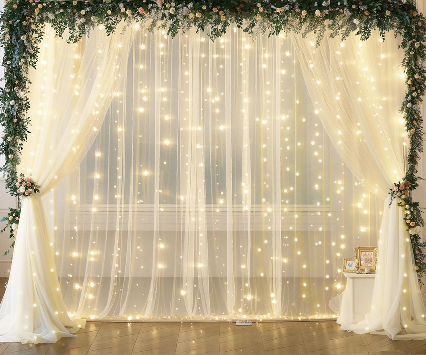 Ivory Tulle Backdrop Curtains with Lights String for Parites Wedding 20×8ft Ivory Sheer Backdrop Curtains for Baby Shower Birthday Party Photo Shoot Background Decorations(4 Panels 5ft×8ft)