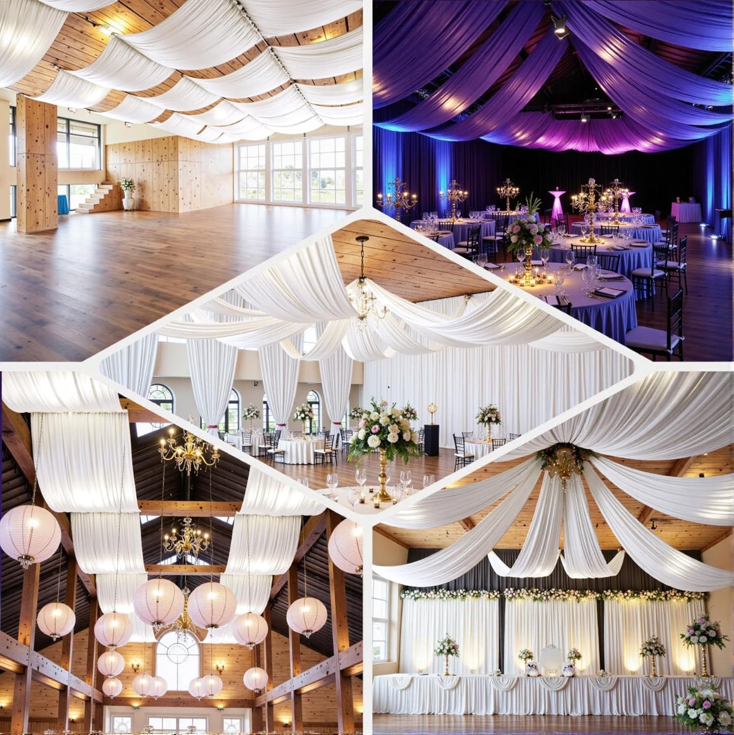 PartyVillage 50ftx40ft White Ceiling Curtain for Wedding Parties – 10 Panels Wrinkle-Free 40 FT Long Tent Draping Curtains for Wedding, Birthday & Theme Parties, 40ft Height with Rod Pocket