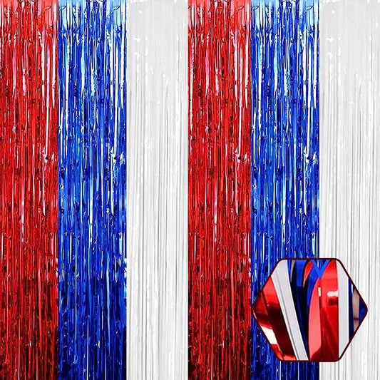 3 Pack White Blue Red Foil Fringe Curtain Backdrop, 3.28Ft x 8.2Ft Metallic Tinsel Foil Fringe Streamer Curtains for Photo Booth, Mother's Day, Easter, Birthday, Wedding Party Decorations