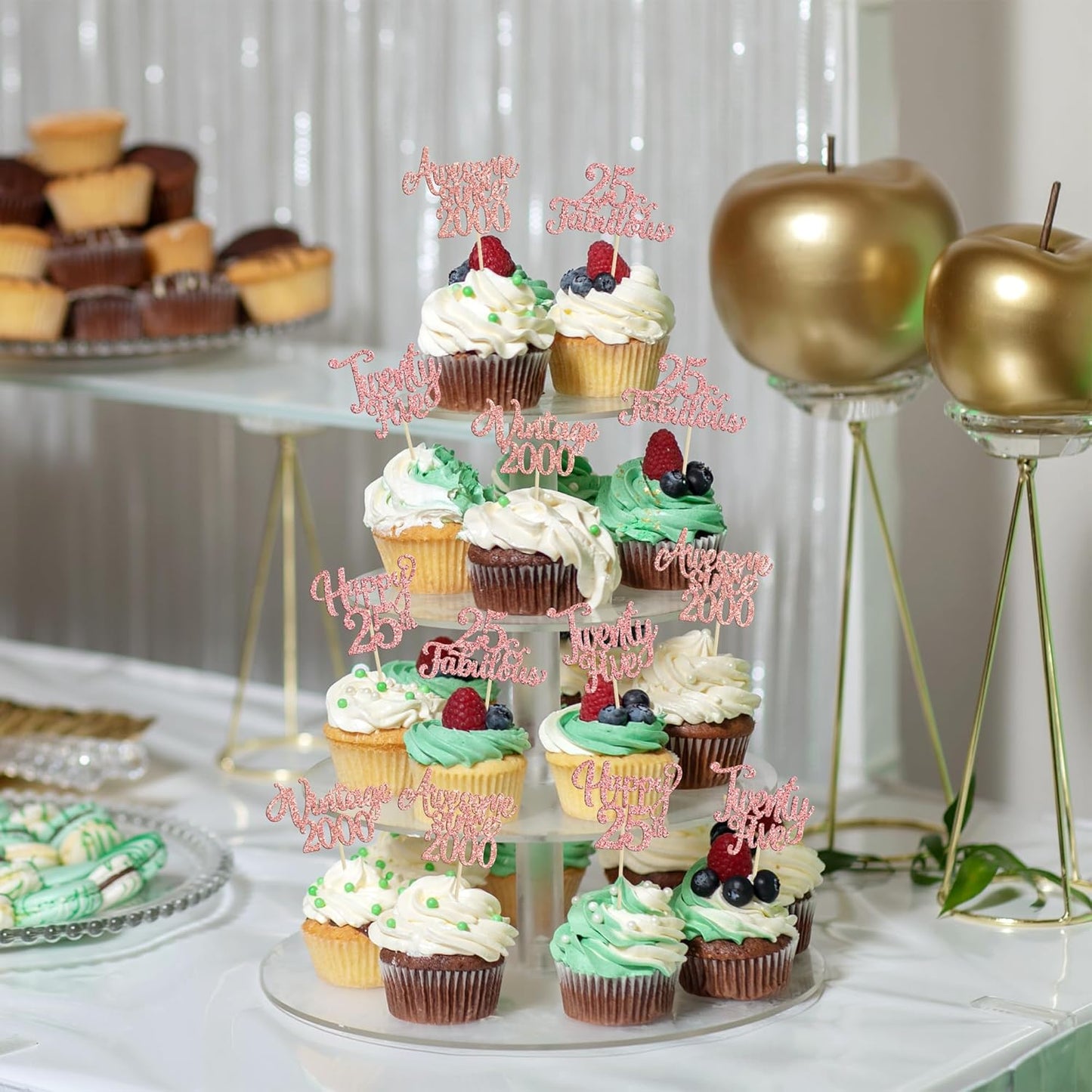 30Pcs Vintage 2000 Cupcake Toppers Glitter Twenty-Five 25 Fabulous Happy 25th Birthday Cupcake Picks Awesome Since 2000 Cake Decorations for 25th Birthday Retirement Party Supplies Rose Gold