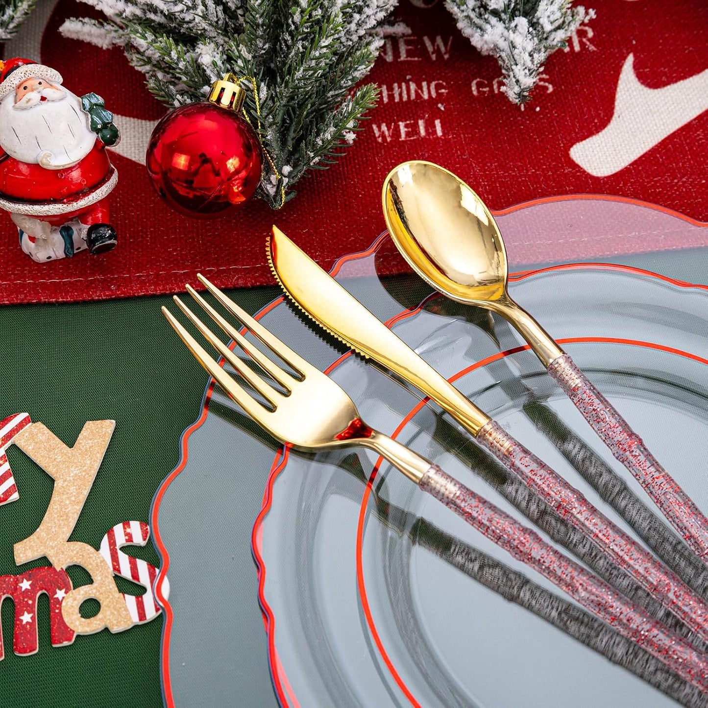 Liacere 150PCS Clear and Red Plastic Plates-Clear Red Disposable Plates with Glitter Bamboo Handle Cutlery-60 Baroque Elegant Plates,30 Forks,30 Spoons,30 Knives for Wedding&Mother's Day