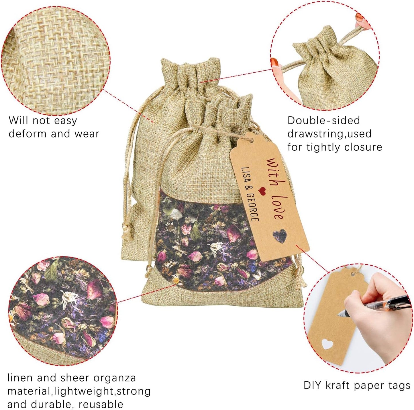 GIOIPC 20Pcs 5 x 7 Inch Linen Burlap Sheer Bags with Drawstring and Bonus Gift Tags for Wedding Birthday Bag,Craft Bags,Cosmetic Samples