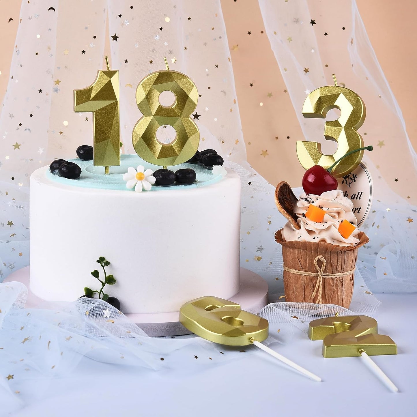 PHD CAKE 2.76 Inch Crystal Gold 4 Number Birthday Candles, Gold Number Candles, Cake Number Candles, Party Celebration