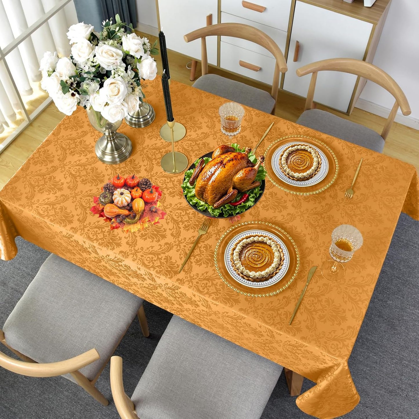 SASTYBALE Amber Rectangle Jacquard Tablecloth, Spill Wrinkle Proof Damask Table Cloth for Rectangle Tables, Rectangular Harvest Fall Inddor Outdoor Tablecloths, 60x 84 Inch Amber