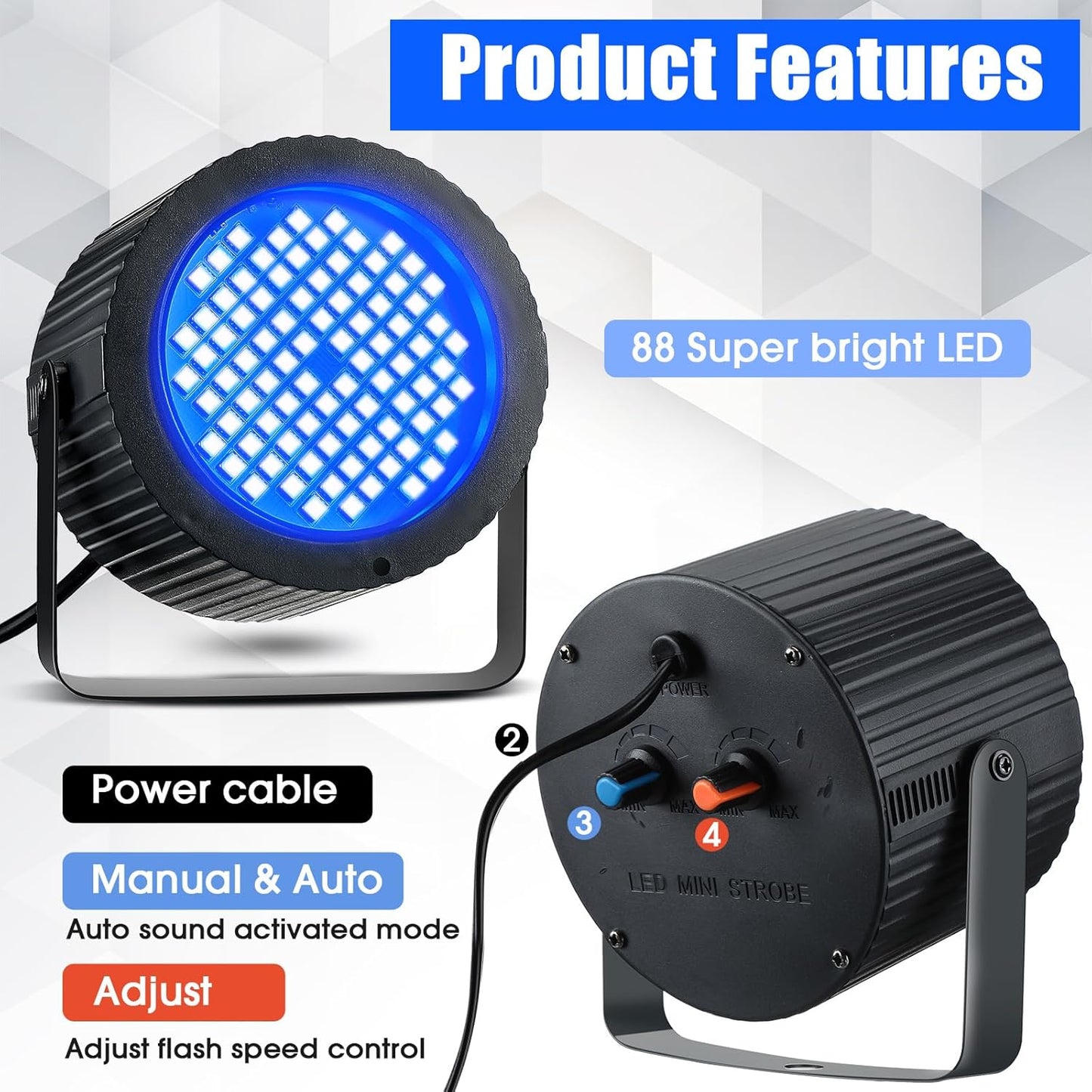 Funtery 2 Pcs Bright White Strobe Light 88 LEDs Flash Party Lighting Speed and Sound Modes Flashing Stage Lights for Christmas Easter Birthday Party Room Dance DJ Bar Karaoke Show Wedding(Blue)