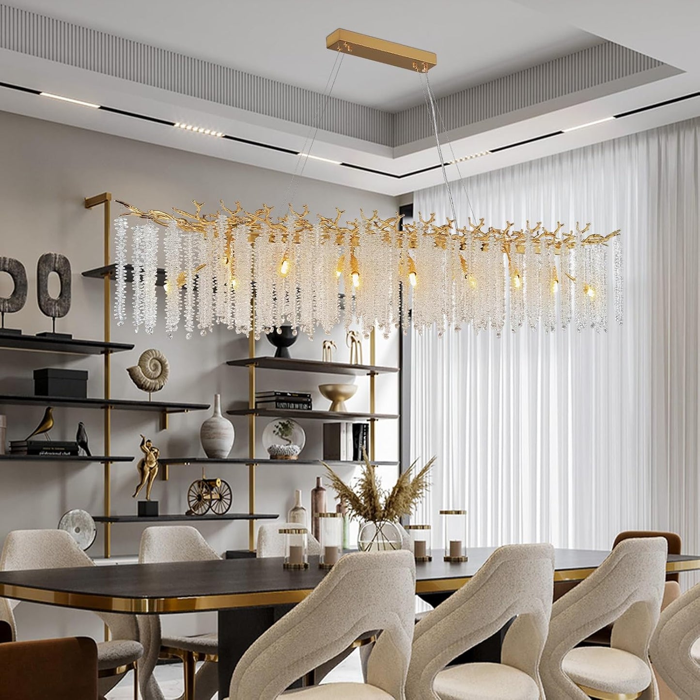 YUYI Gold Crystal Chandelier, Modern 60" Rectangular Chandeliers for Dining Room,K9 Large Luxury Flush Mount Chandelier for Foyer Living Room,Kitchen Island Hanging Light Fixture