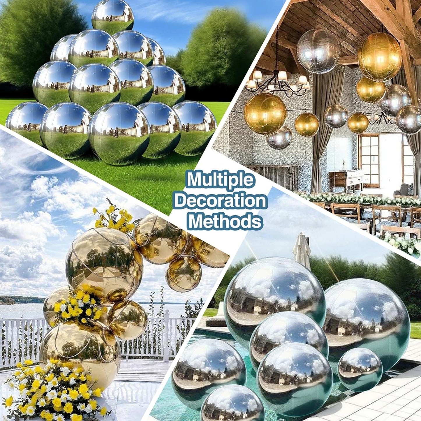 3PCS Silver Inflatable Mirror Ball, Big Shinny Balls Reusable Large PVC Disco Ball Balloon for Large Event Decoration, Party, Concerts, Stage, Wedding Decor, Without Air Pump