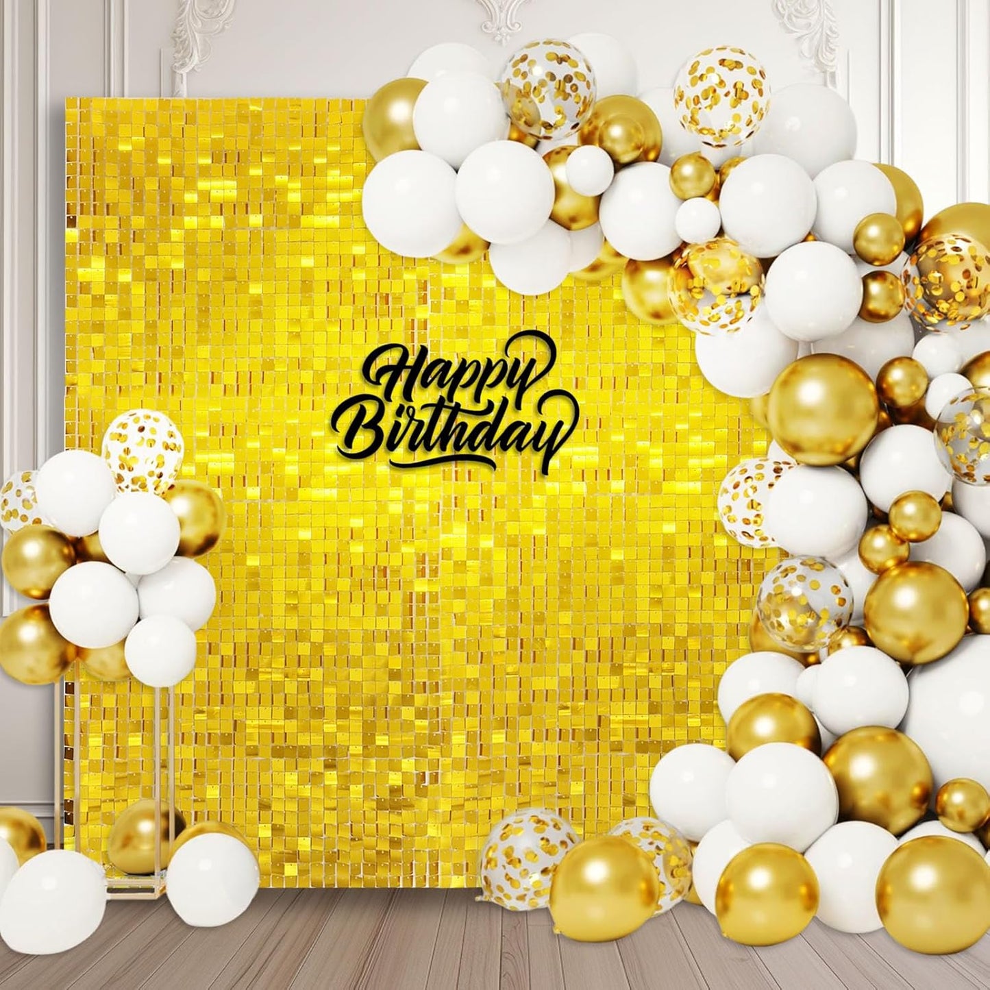 24PCS Gold Shimmer Wall Backdrop, Square Sequin Backdrops Panel, Glitter Wall Background for Birthdays, Weddings, Graduation, Engagements, Disco Bachelorette Party Decoration (4FTx6FT)