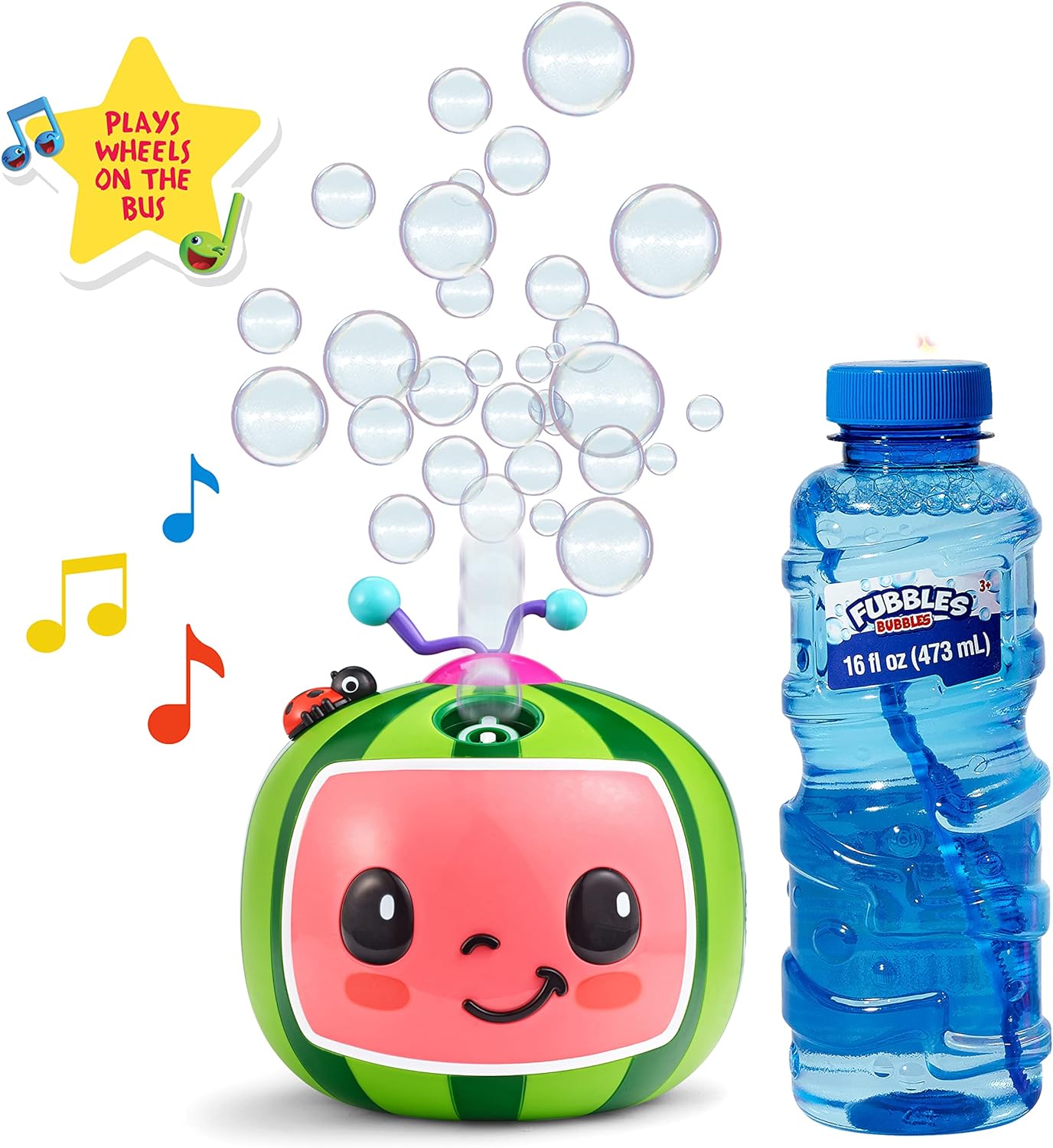 CoComelon NO Spill Musical Bubble Machine | Bubble Toy for Baby, Toddlers and Kids | Amazon Toys Exclusive with 16 oz of Extra Bubble Solution (Bubble Solution Bottle Colors Will Vary)
