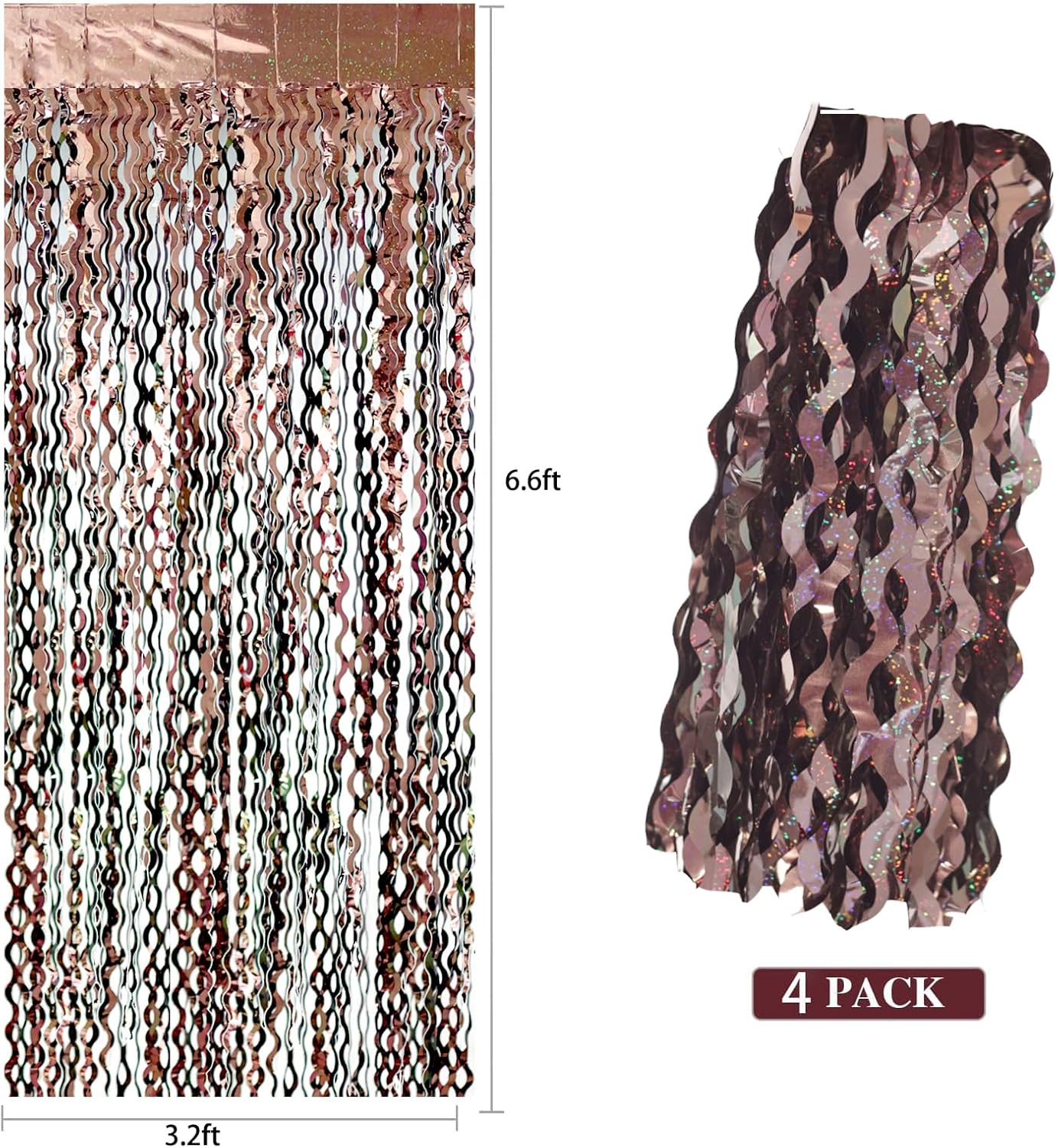 4Pcs Brown Metallic Wavy Tinsel Curtains - 3.3x6.6 ft Foil Curtain Backdrop for Birthday Party, Halloween Decor