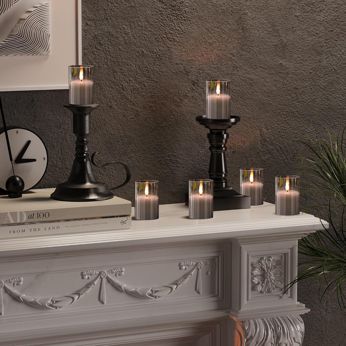 6Pack Glass Flickering Flameless Candles with Remote, 2"X3" Real Wax Votive Candles Battery Operated, Small Electric LED Candles for Wedding Home Decor, w/4 Timers+2 Lighting Modes [Gray]