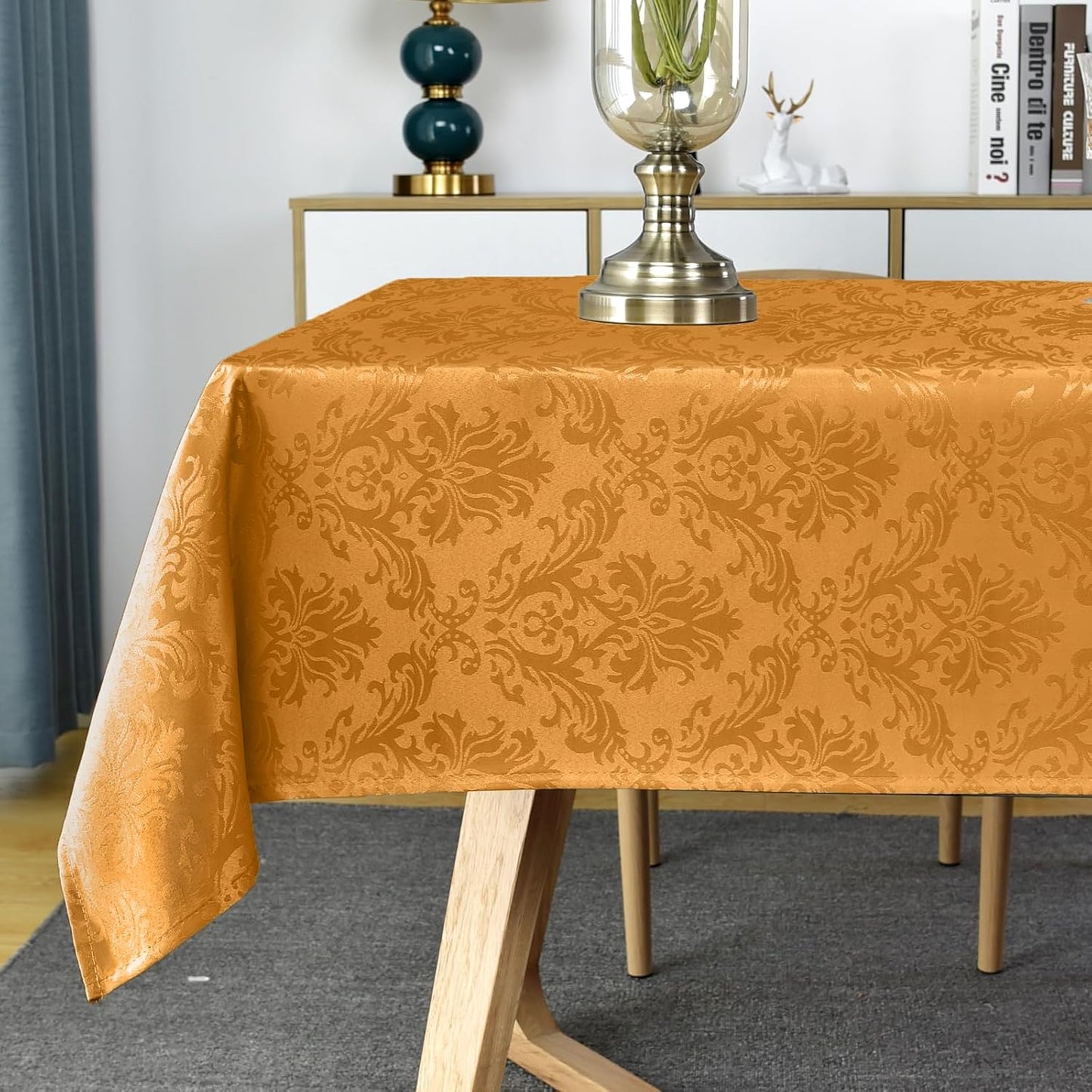 SASTYBALE Amber Rectangle Jacquard Tablecloth, Spill Wrinkle Proof Damask Table Cloth for Rectangle Tables, Rectangular Harvest Fall Inddor Outdoor Tablecloths, 60x 84 Inch Amber