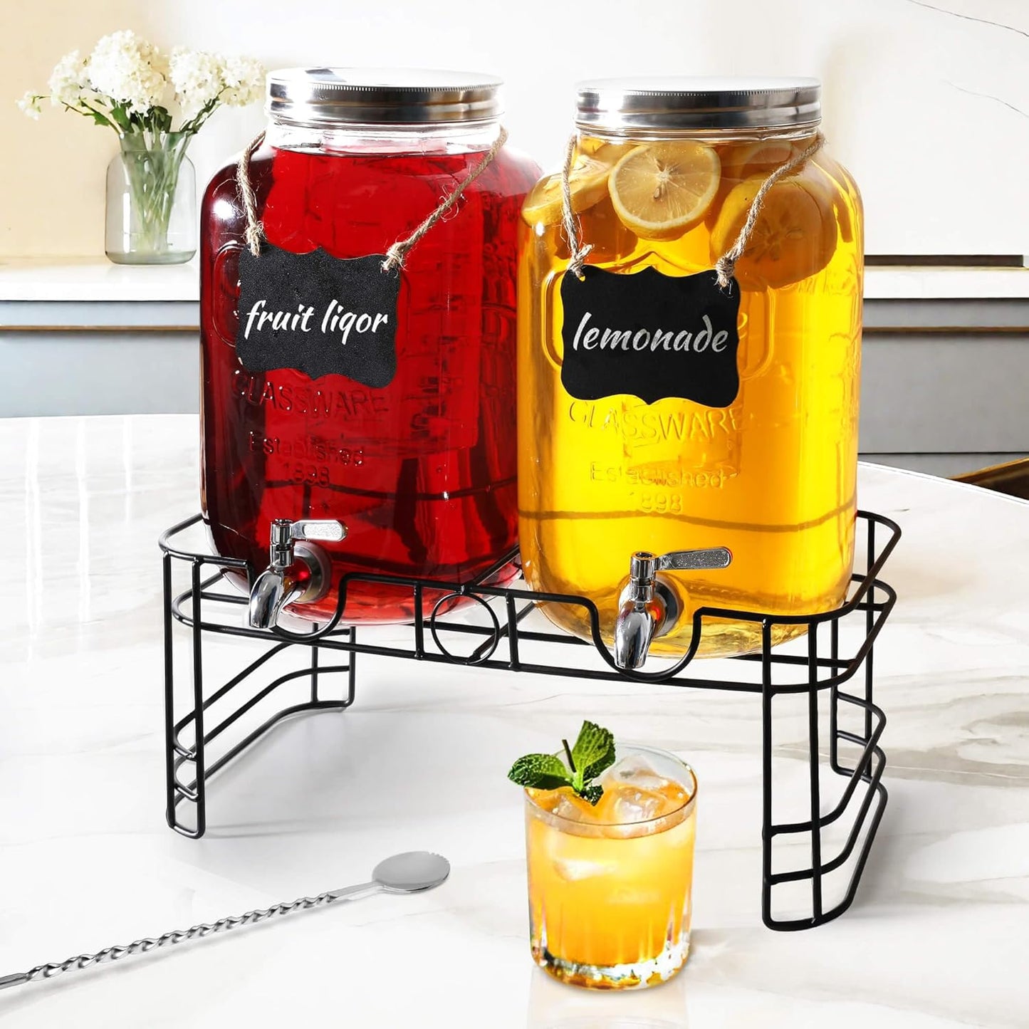2 Gallon Drink Dispensers for Parties, 2 Pack Beverage Dispensers with Stand, Glass Water Jug Dispenser, with 18/8 Stainless Steel Spigot, Great for Party, Wedding, Picnic, BBQ