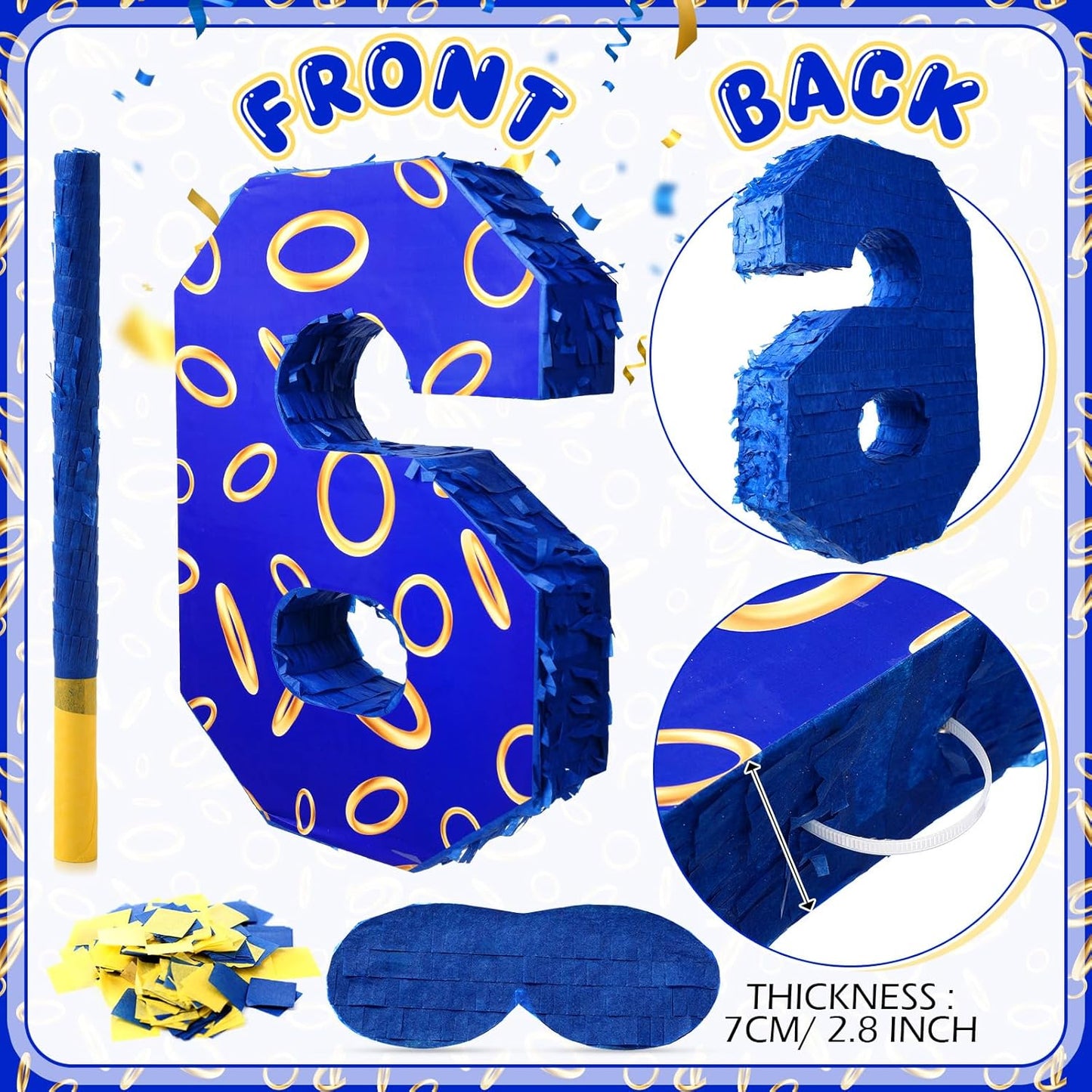 Number 6 Blue and Golden Rings Piñata for Kids Birthday Cartoon Theme Small Piñata with Blindfold Stick Confetti for Fiesta Cinco De Mayo Party Decor, 15.8 x 11 x 2.8 Inch
