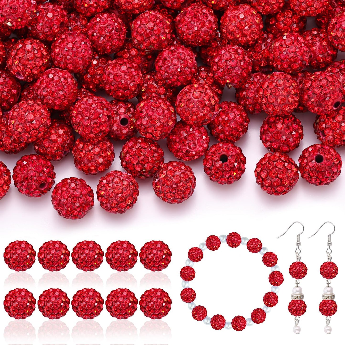 160pcs 10mm Rhinestone Beads for Jewelry Making, Red Shiny Round Disco Ball Beads Bulk, Sparkle Crystal Clay Christmas for Bracelet Baseball Necklace Earring Crafting and DIY
